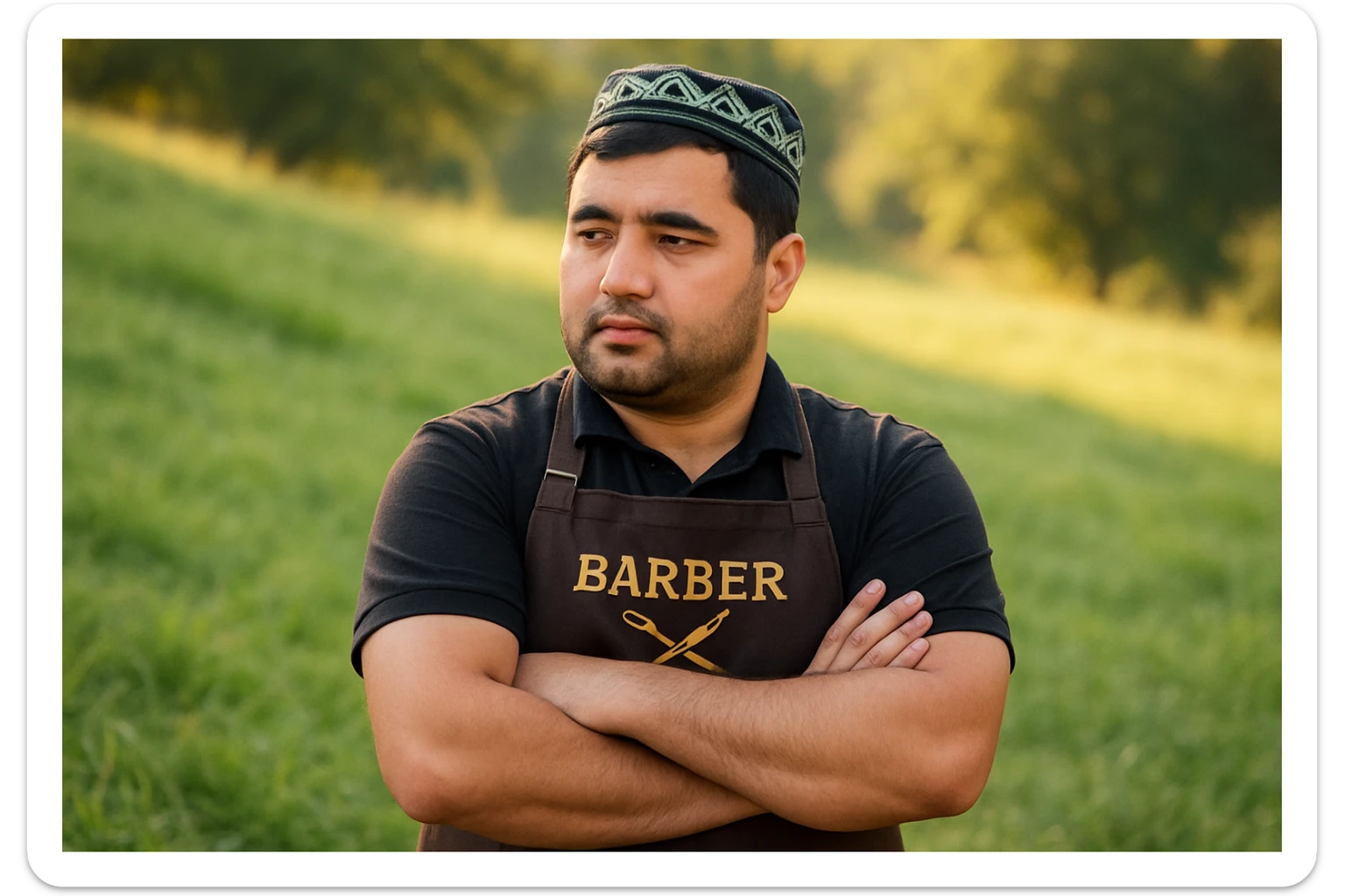 uzbek sartaroshi qo'lini qovushtirib turibdi yon taraf sal pastroq rakusdan sticker