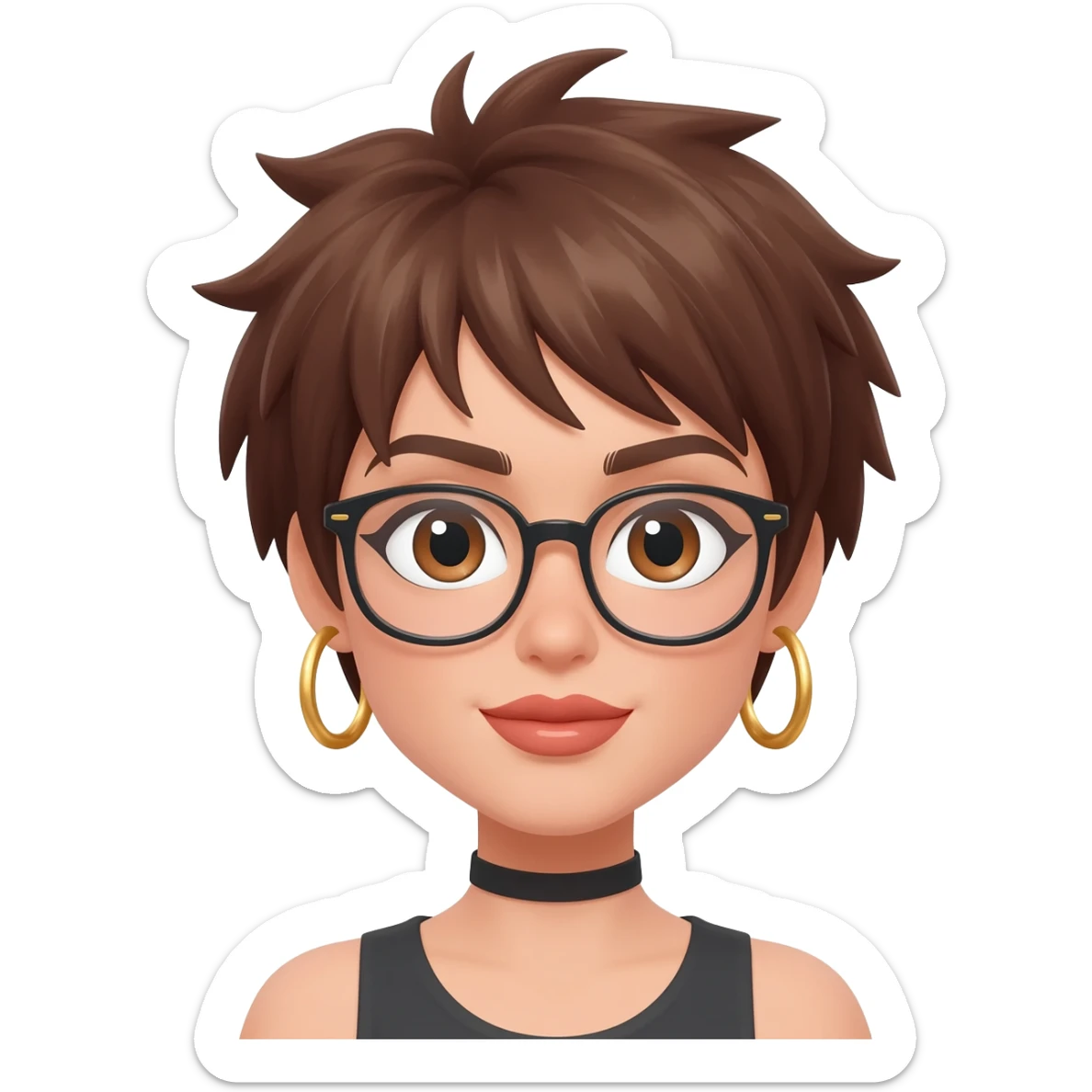 Female very very short brown hair few spikes gold hoop earringsbrown eyes hoop earrings hoop earrings glasses full lips sticker