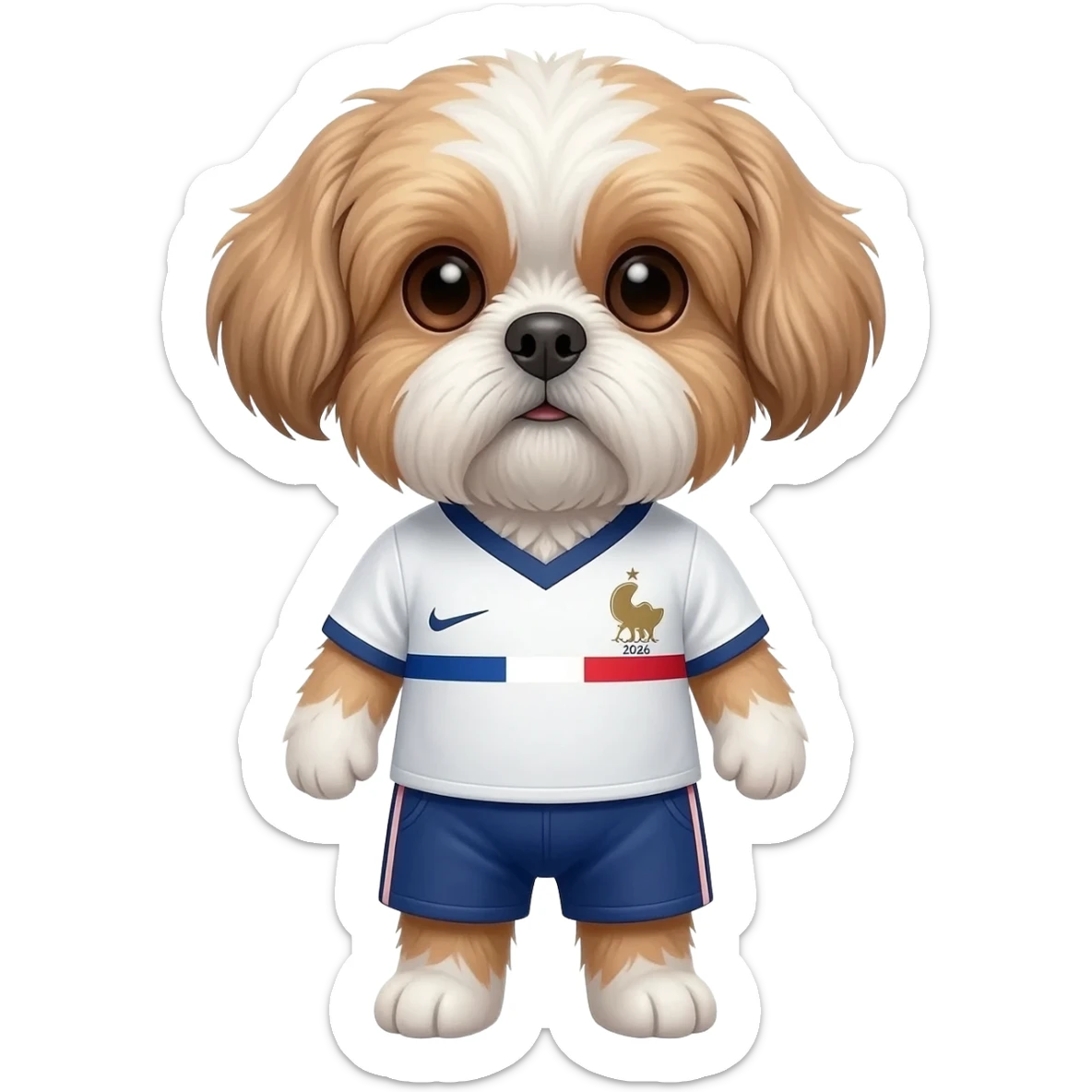 white and light brown shih zhu wearing a France soccer jersey v neck 2026 work cup sticker