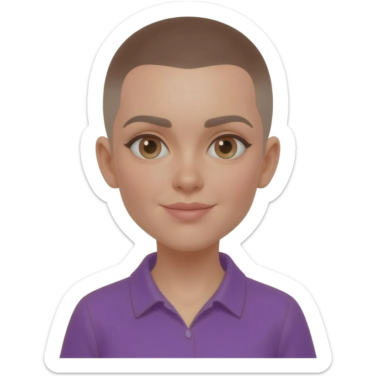 White skin ,  female, light brown buzzcut, purple shirt, light eyes sticker