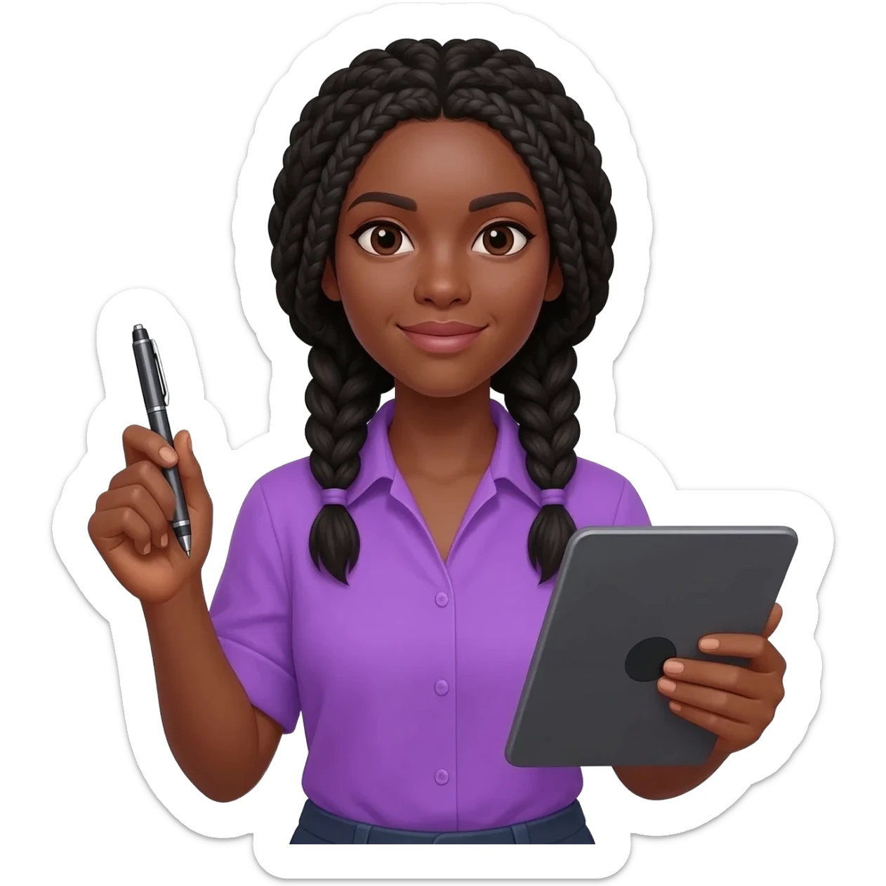 Émoji représentant une femme peau marron avec des longues nattes noires, une belle chemise violette, tenant un stylo digitale et une tablette digitale dans l'autre sticker