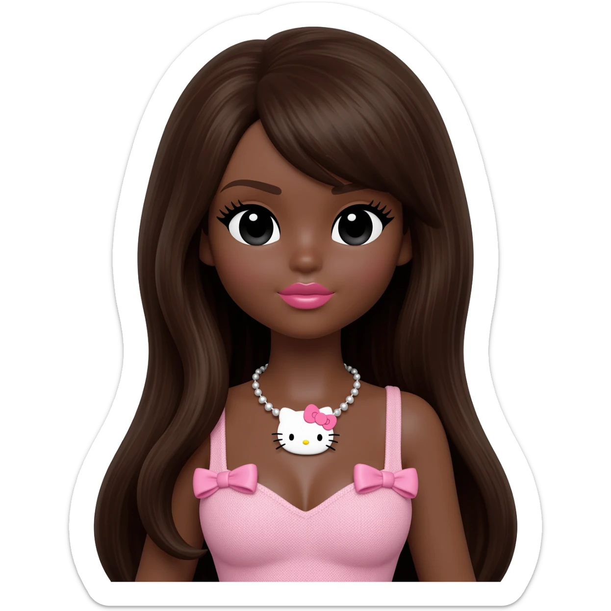 hello kitty necklace, doll eyes, Doll, big chest, dark brown skin, long dark brown hair, black cute eyes, pink bows with cute lips sticker