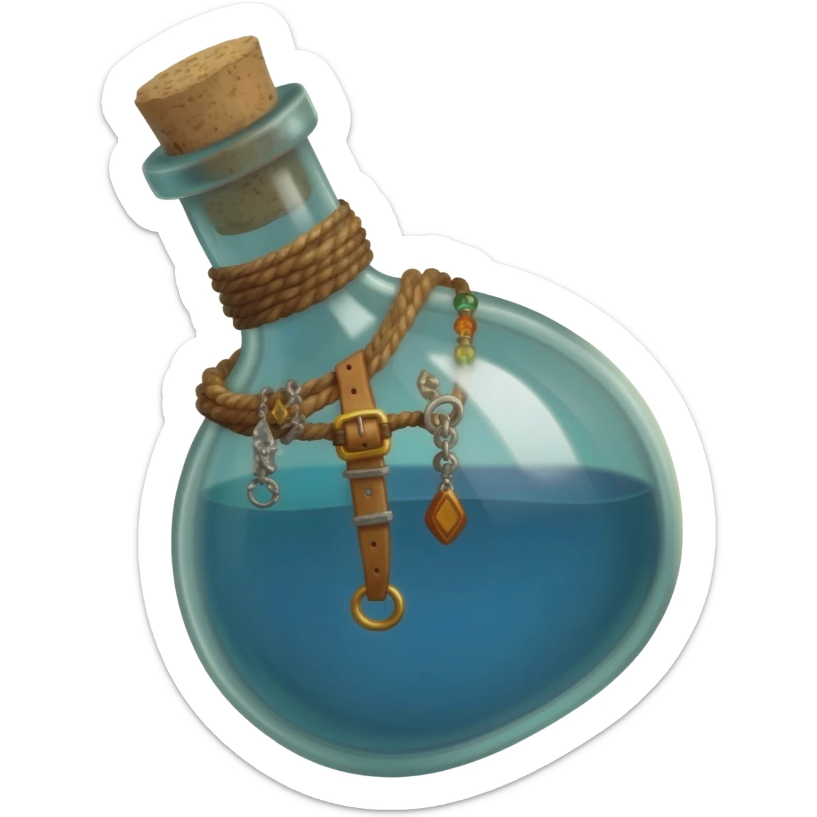 an empty round potion bottle a little rotated to the left with a cork and decorations on the bottle like ropes and belts and random stuff sticker