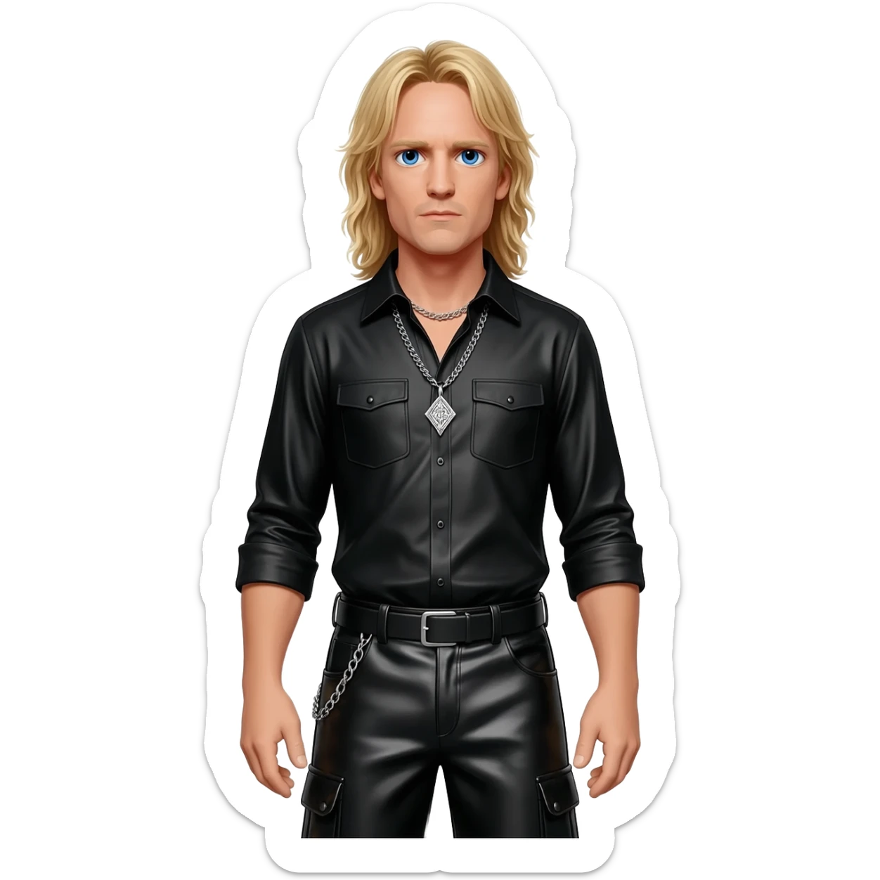 James Hetfield with blue eyes, long blonde hair, black metallic shirt, black metallic baggy pants, silver necklace sticker