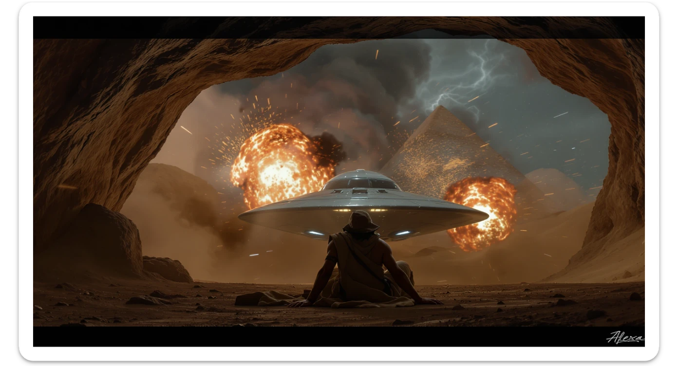 cinematic still, documentary photography, acient egypt, back shot of a man dress in ancient clothes in cave (frame in frame effect) on ground laying front of small ufo starship, explosions, palms, dynamic scane, leading lines, captured by arri alexa, depth layers, piramids in babckground sticker