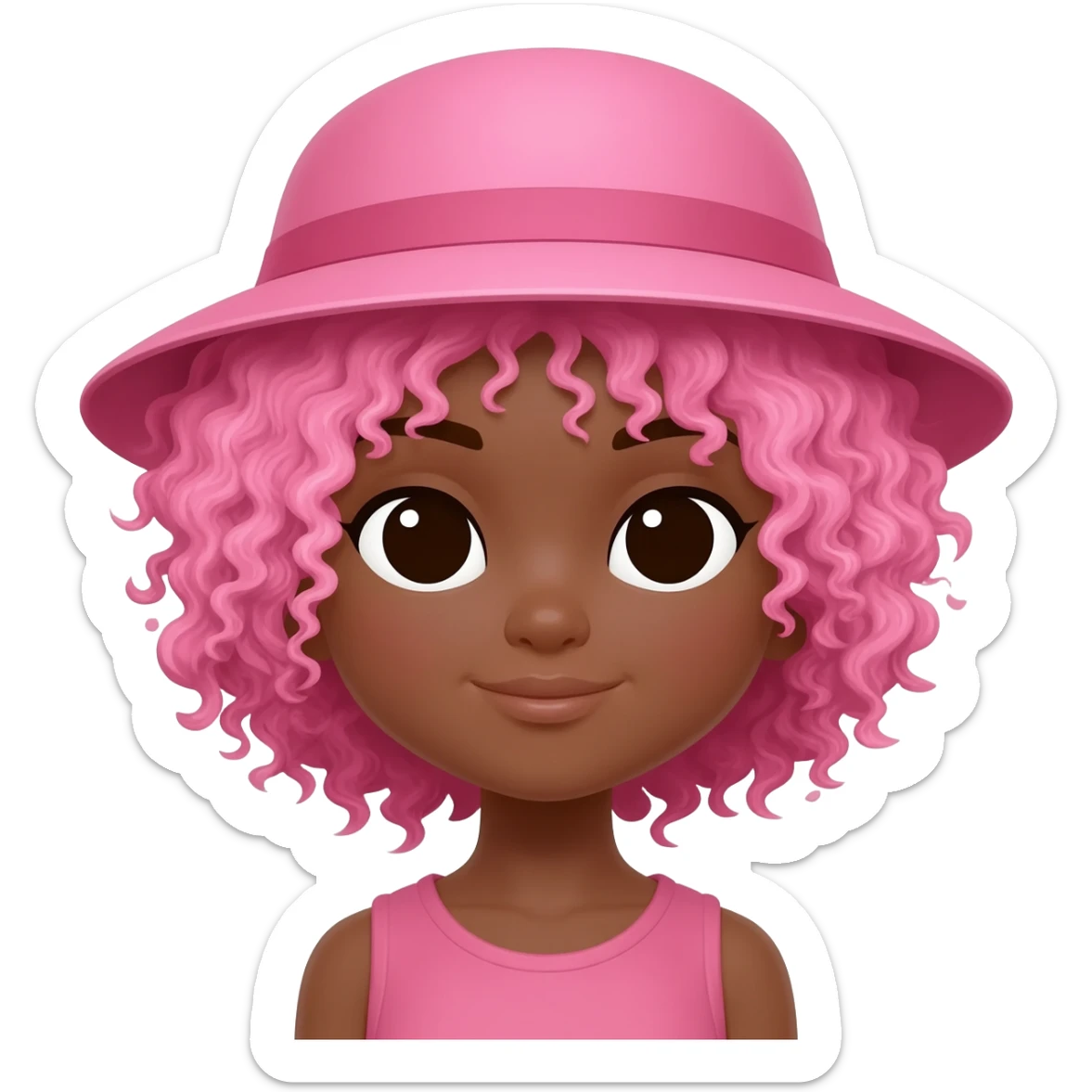 Make a brown girl and make her have pink curly hair and a pink hat sticker