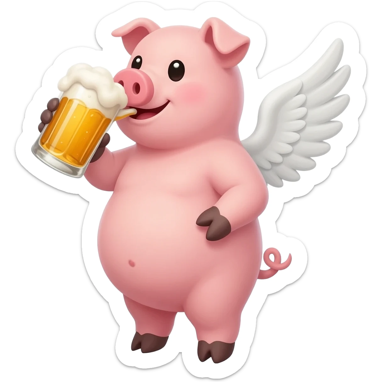 pig with white wings drinking beer sticker