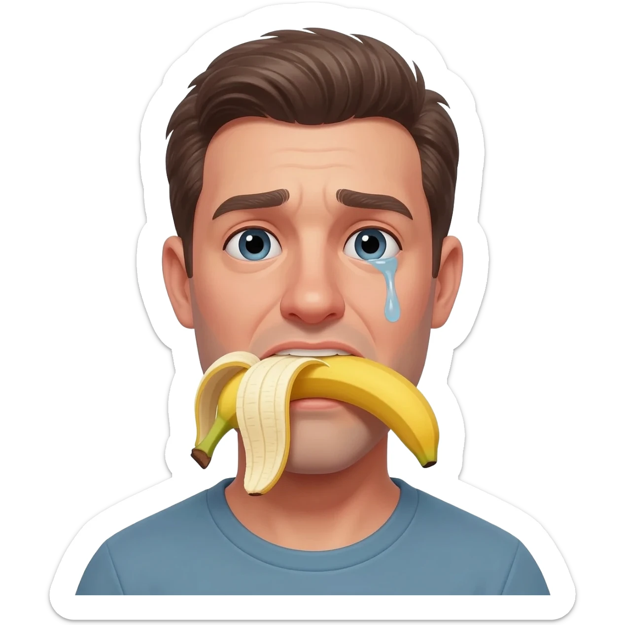 thirty year old guy with his mouth filled by a huge peeled banana drooling from one side of his mouth and tear in one eye sticker