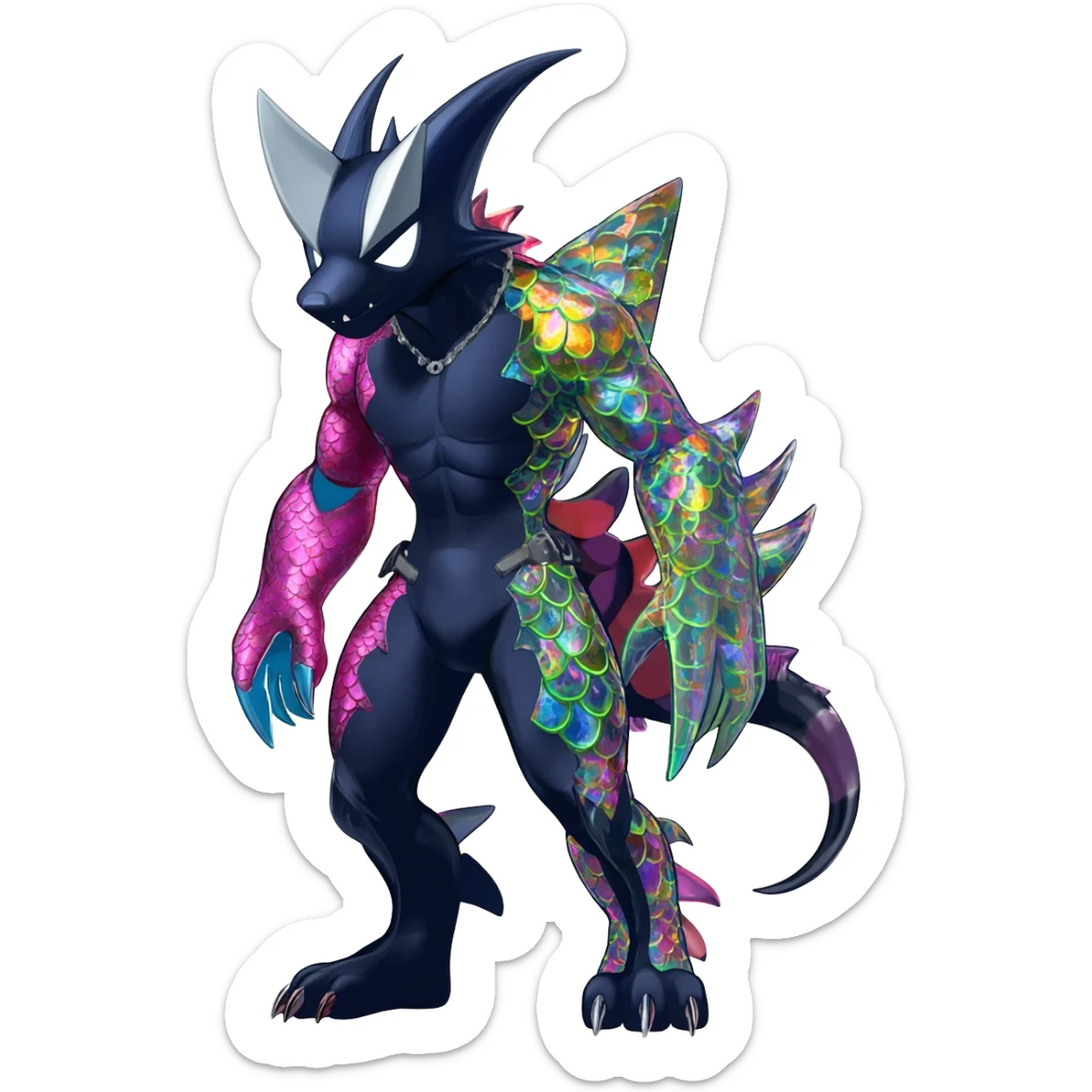 Colorful patterned esoteric shiny glowing scaly scary cool badass edgy Zorua-Absol-Zangoose-Salandit-fusion (full body) sticker