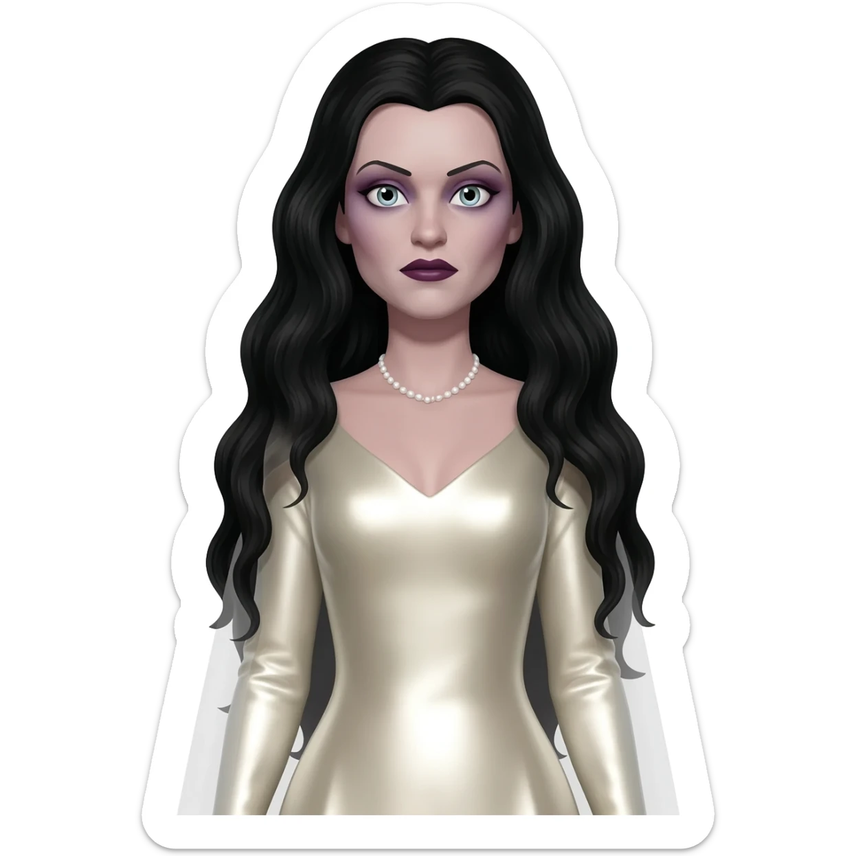 The Bride of Dracula from Universal Monsters with long black hair, ivory metallic long dress sticker