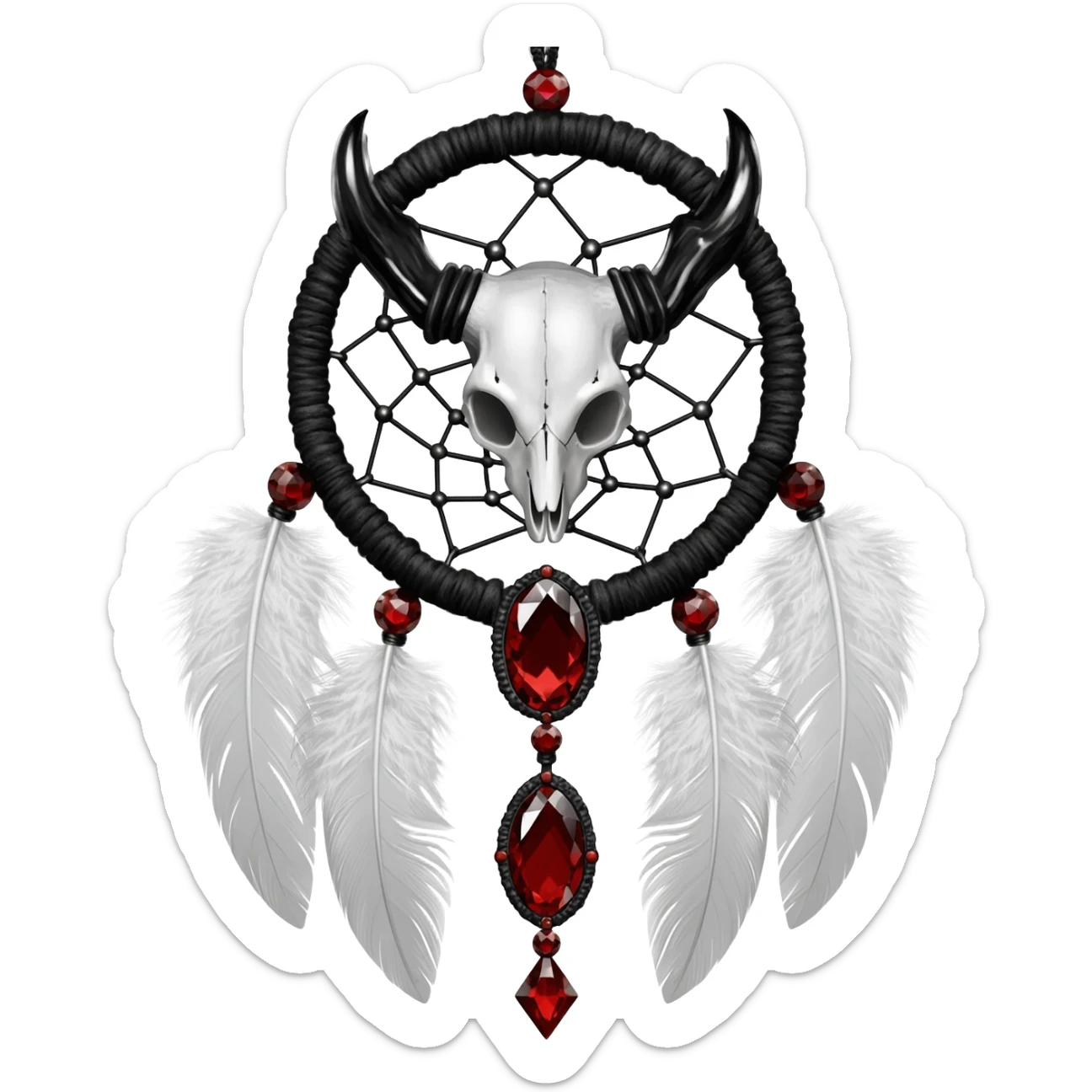 Blood-red, bloody, obsidian-black, edgy, dream catcher, red gemstones, black wire, black threads, animal skull, white feathers, badass, evil, gorgeous aesthetic, gothic decoration sticker