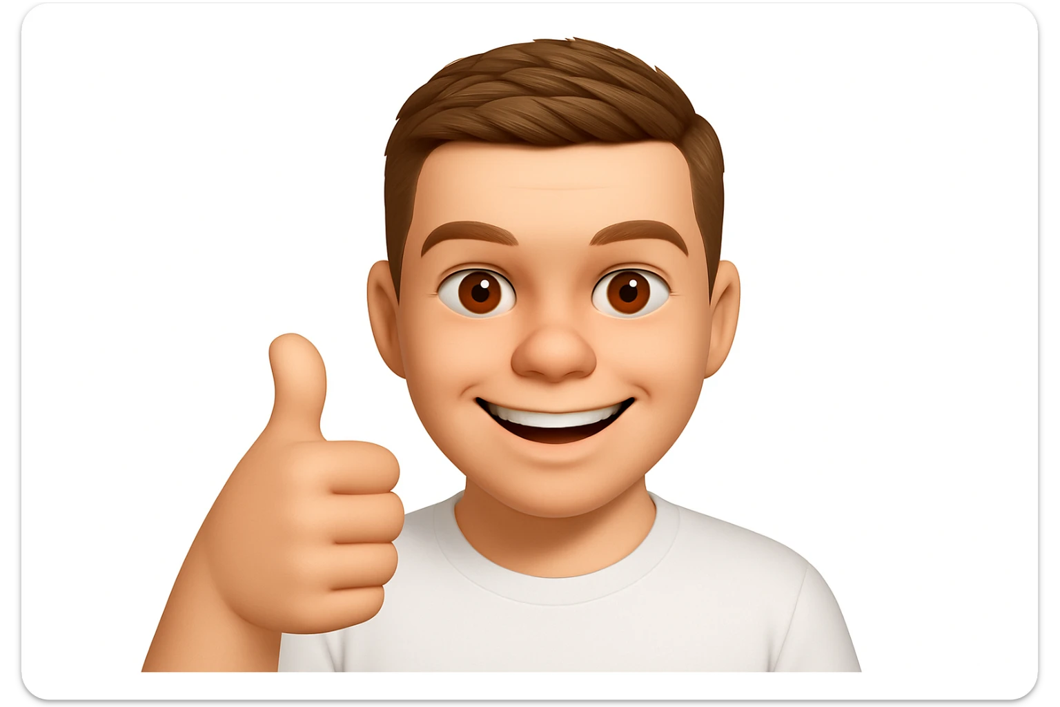 Based on these photos, make an emoji with facial features intact, a man in a white T-shirt, giving a thumbs up and smiling approvingly sticker