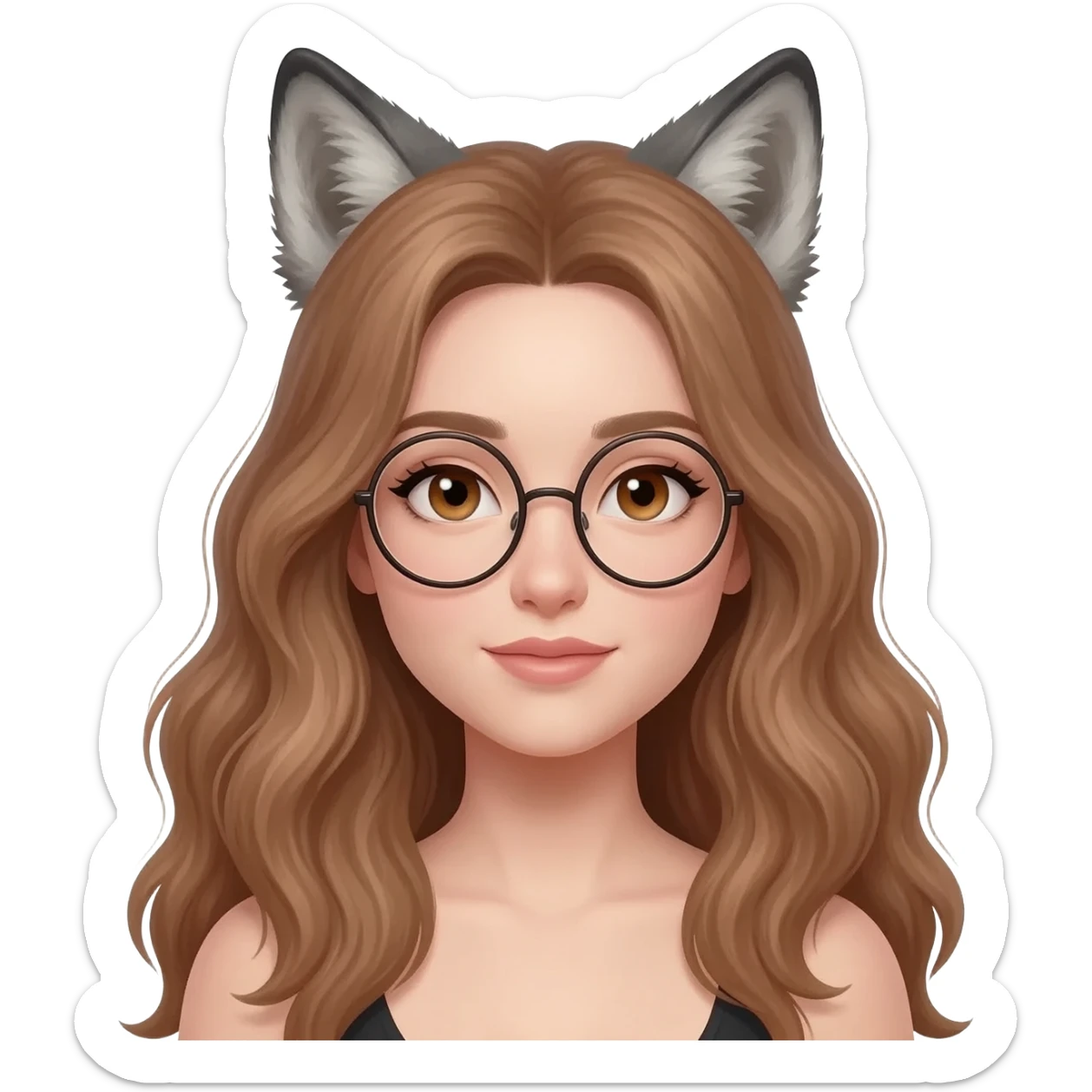 detailed emoji illustration of a woman with long light brown wavy hair and light brown eyes wearing round glasses, with wolf ears on top of her head, cute fantasy emoji style sticker