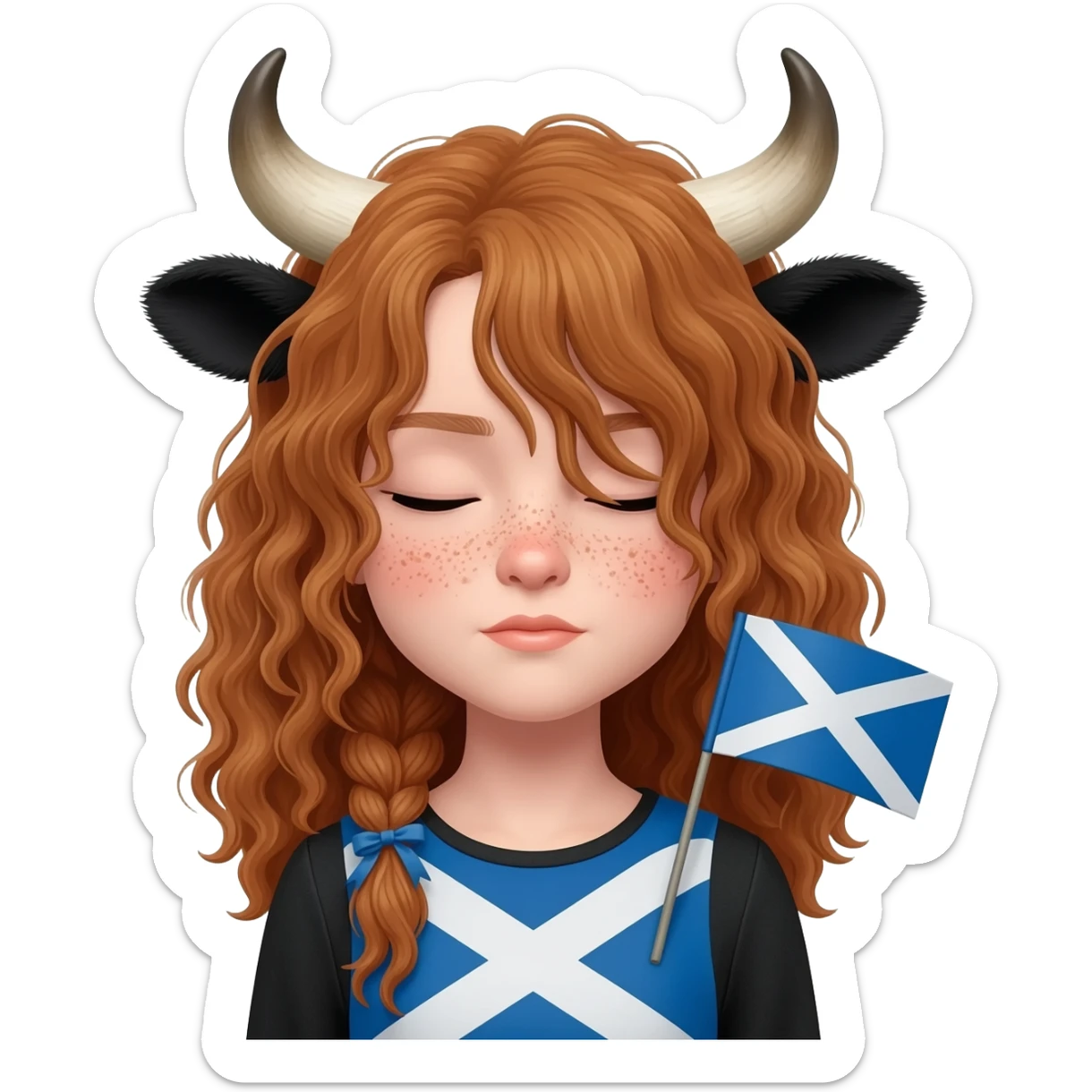 curly girl with freckles with messy light brown bangs covering the eyes with cow horns and cow ears with scottish flag on his shoulders with ribbon in her hair sticker