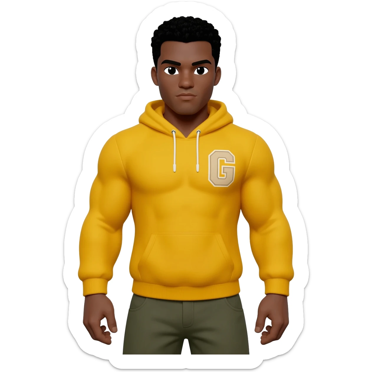 Black male look superstrong yellow hoodie and beige short letters G black g armsbi hair full body sticker