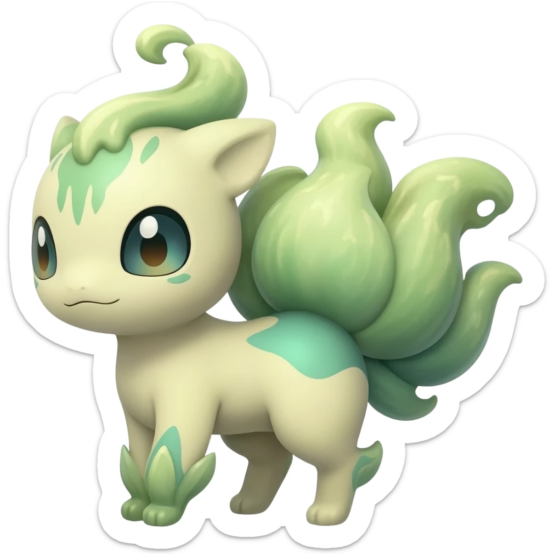Pastel warm mossy floral elemental fantasy colorful-green-brown-gradient anime-styled edgy cool badass cute random Fakémon-creature, with random markings, full body sticker