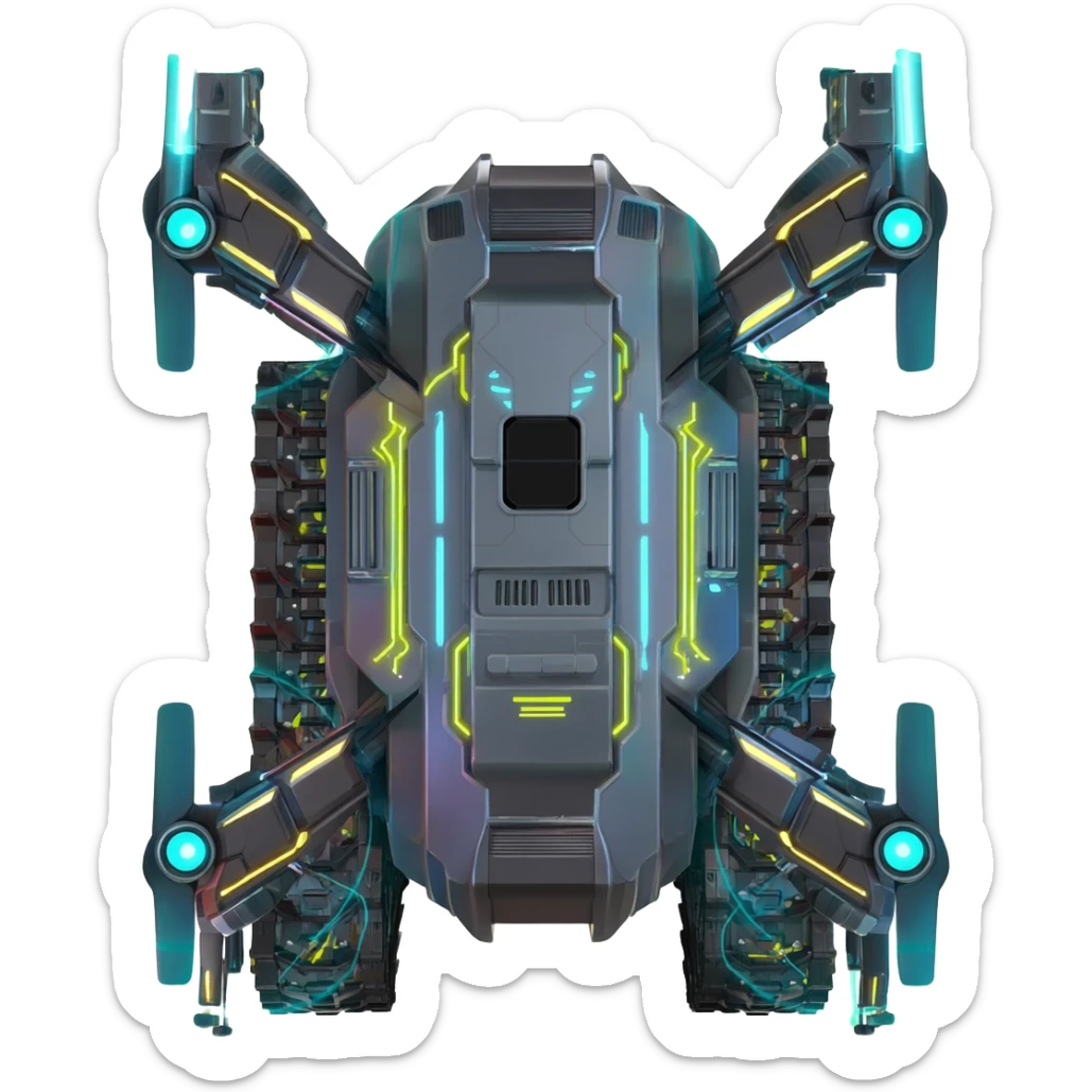 A top down view of an end level boss robot drone with tank track, in a cyber punk futuristic style far beyond what is currently available today, from the year 3000, the camera needs to be directly above the end boss robot drone looking down sticker