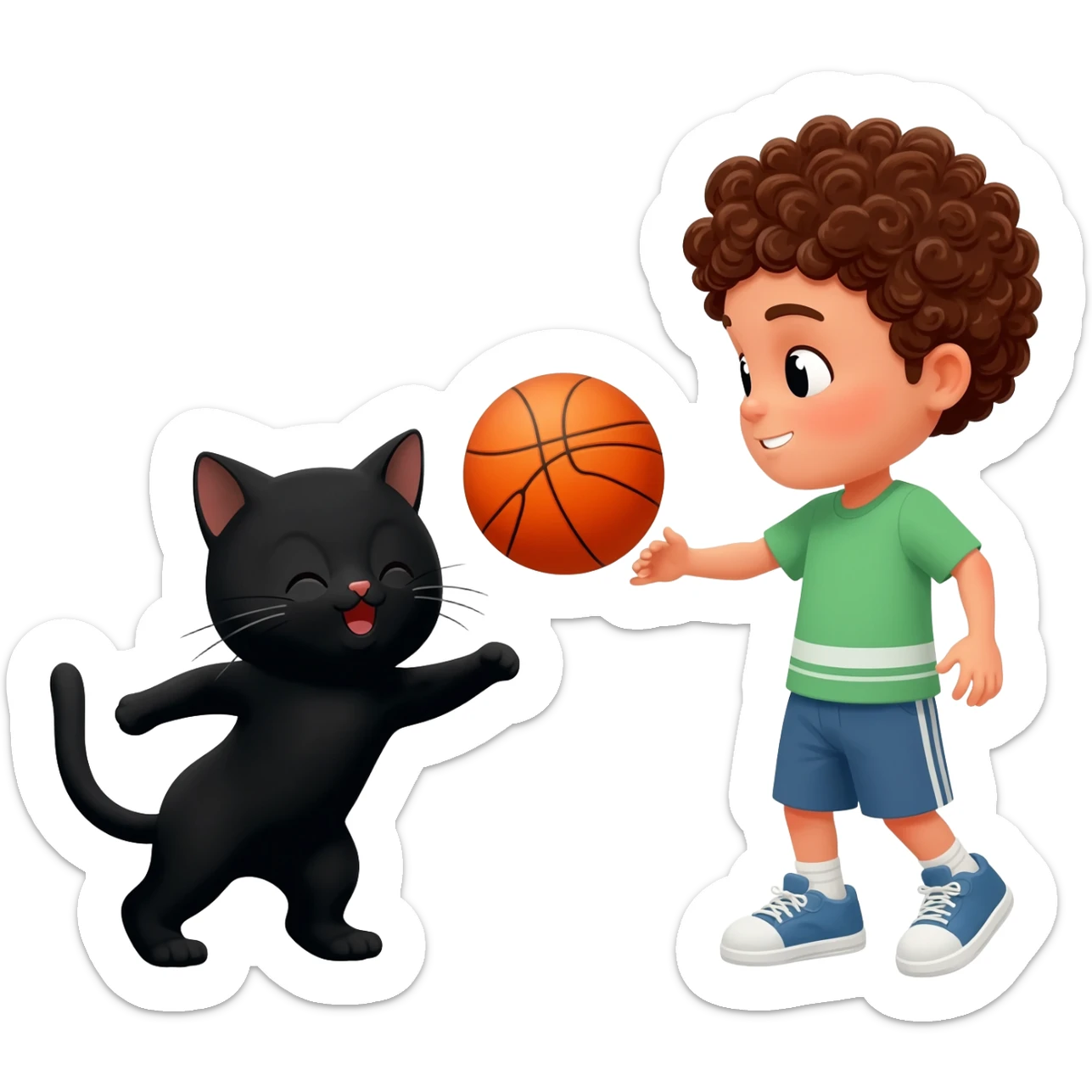 Black cat playing with orange basketball and a little boy with curly hair sticker