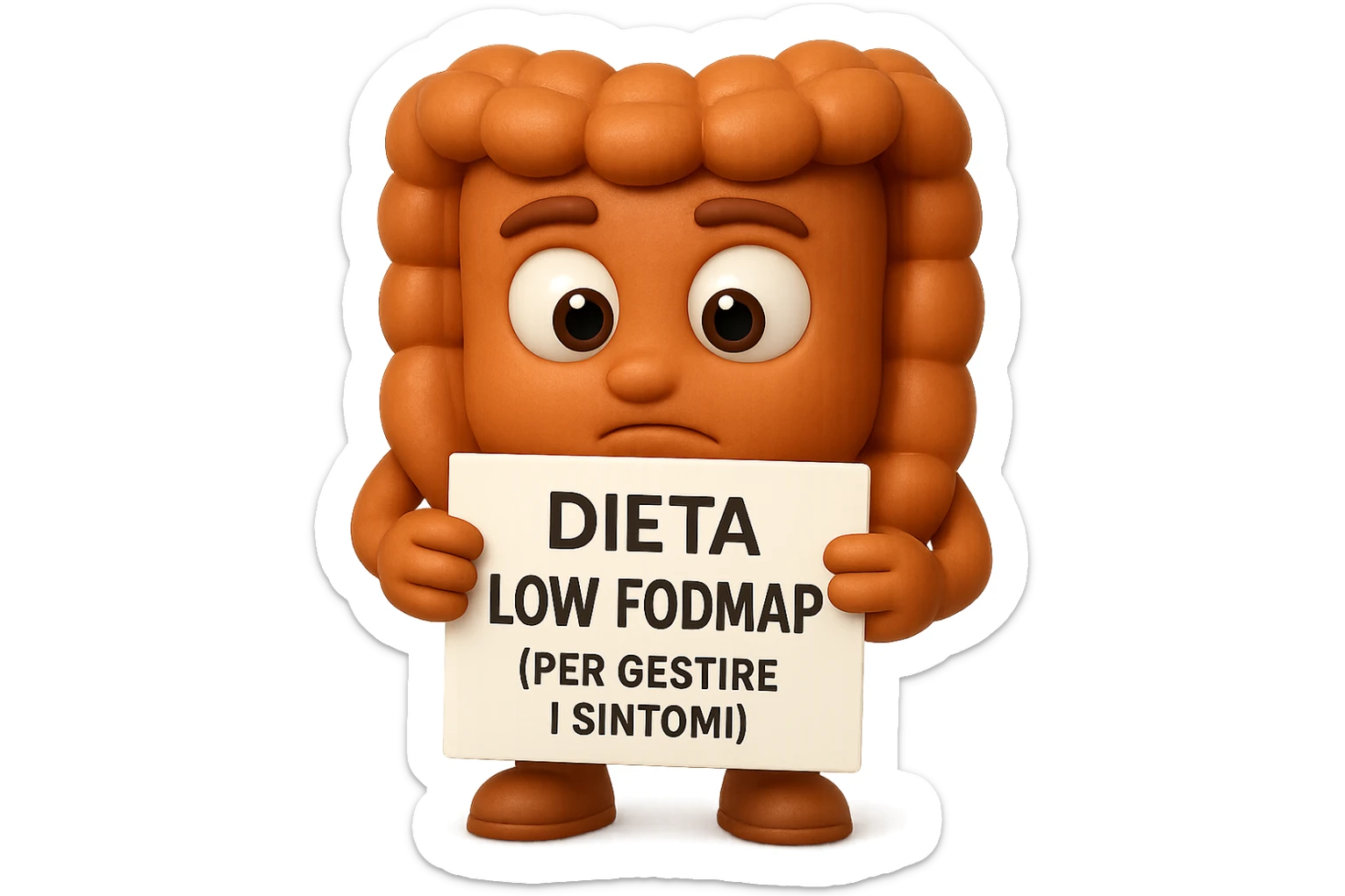 EMOJI STILE IPHONE DI UN INTESTINO UMANO ANATOMICO CHE GUARDA UN FOGLIO CON LA SCRITTA "DIETA LOW FODMAP (PER GESTIRE I SINTOMI)", FAGLI ANCHE LA PARTE BIANCA DEGLI OCCHI, NON SOLO LE PUPILLE, IPERREALISTICO 4K sticker