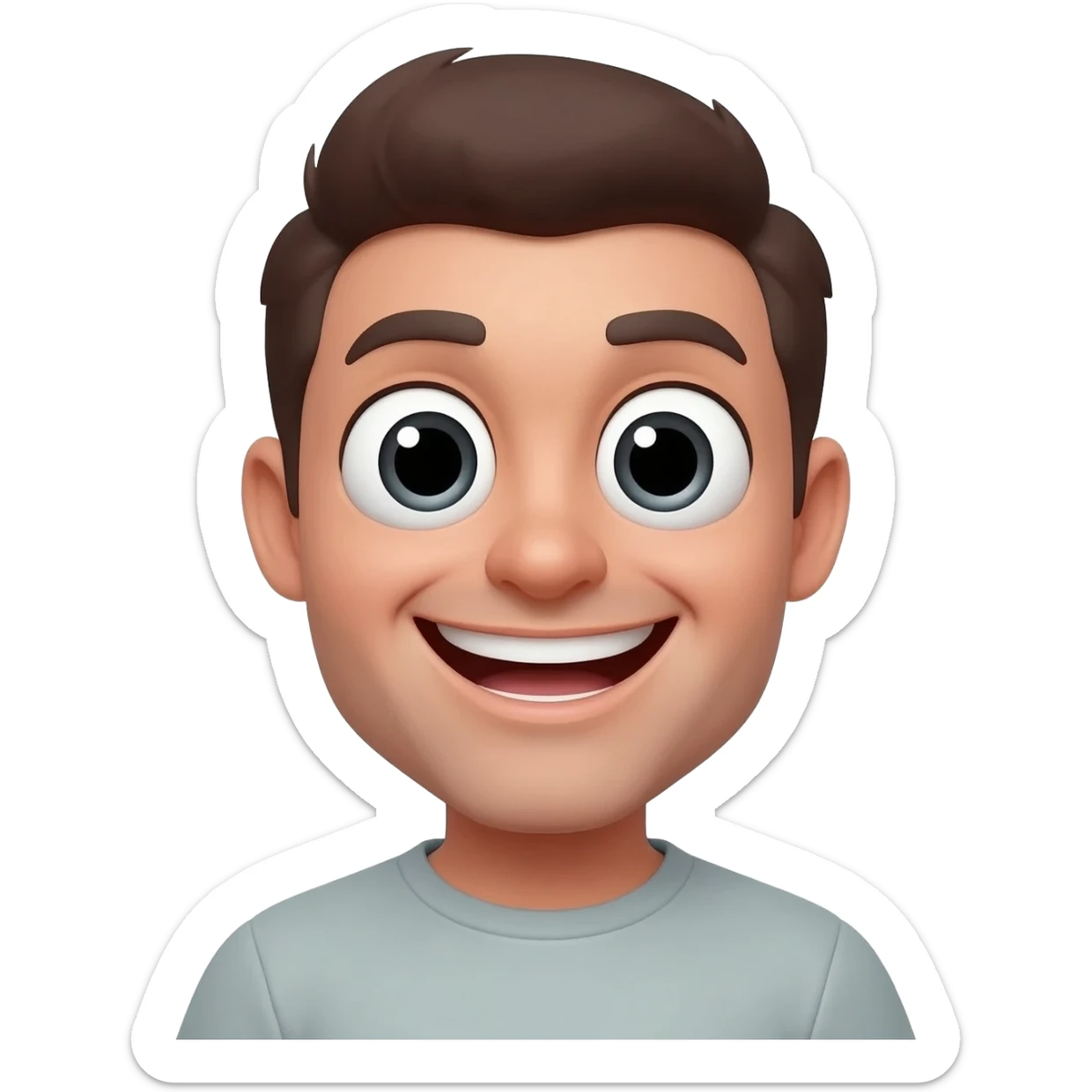 remake this image but make the eyes bigger with white eyes and black irises.  Also give him a big smile sticker