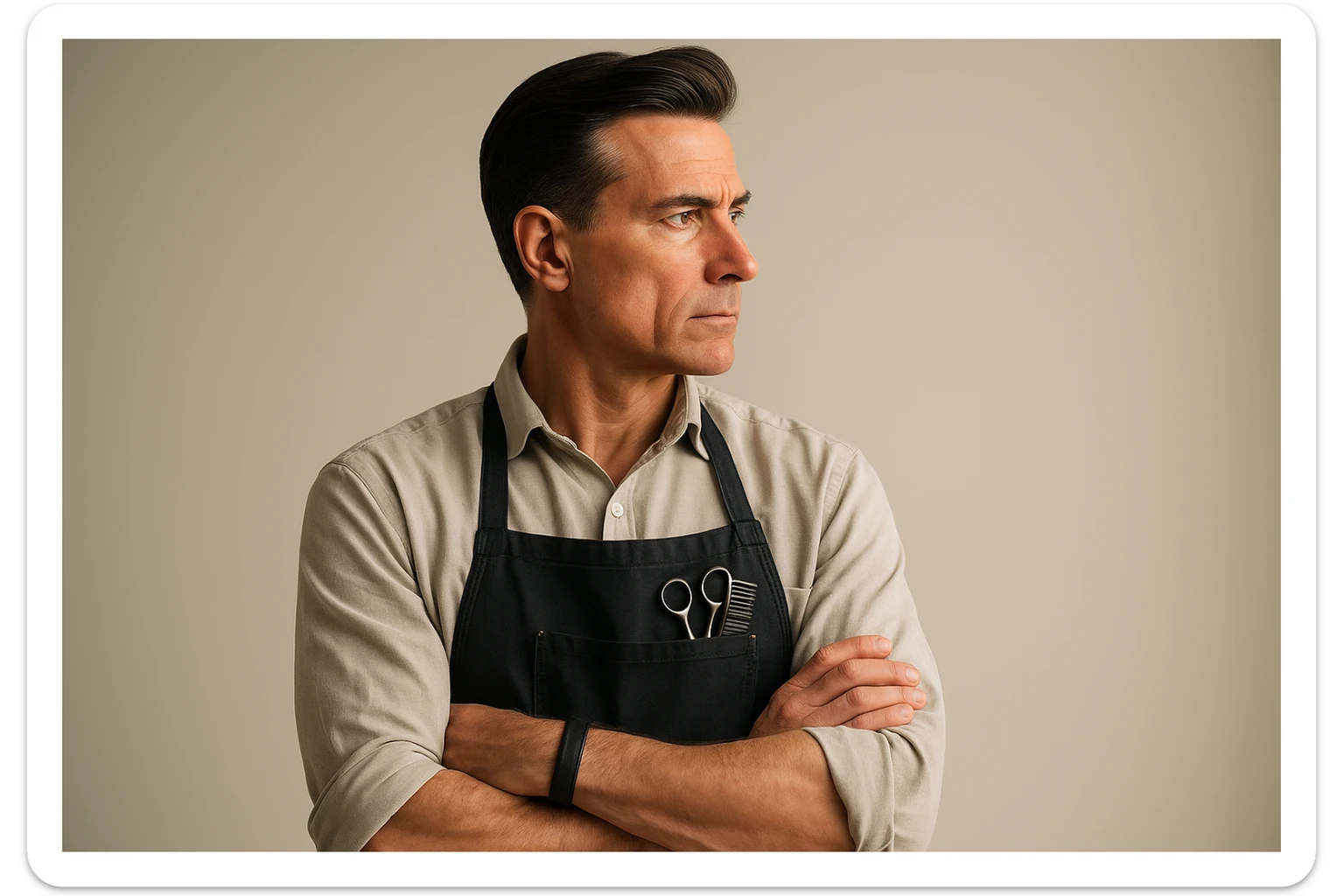 shu pozada turgan faqat o'ng tarafga qarab turgan sartarosh ustani tasvirlab ber realistik uslubda yoshi kattaroq soqol shart emas sticker