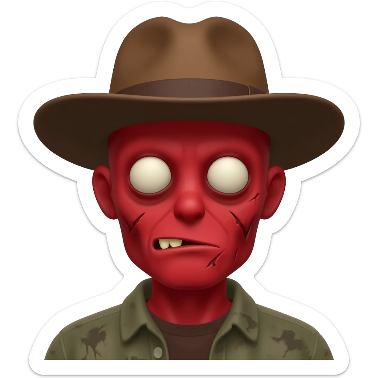 A zombi with red skin and a brown hat sticker