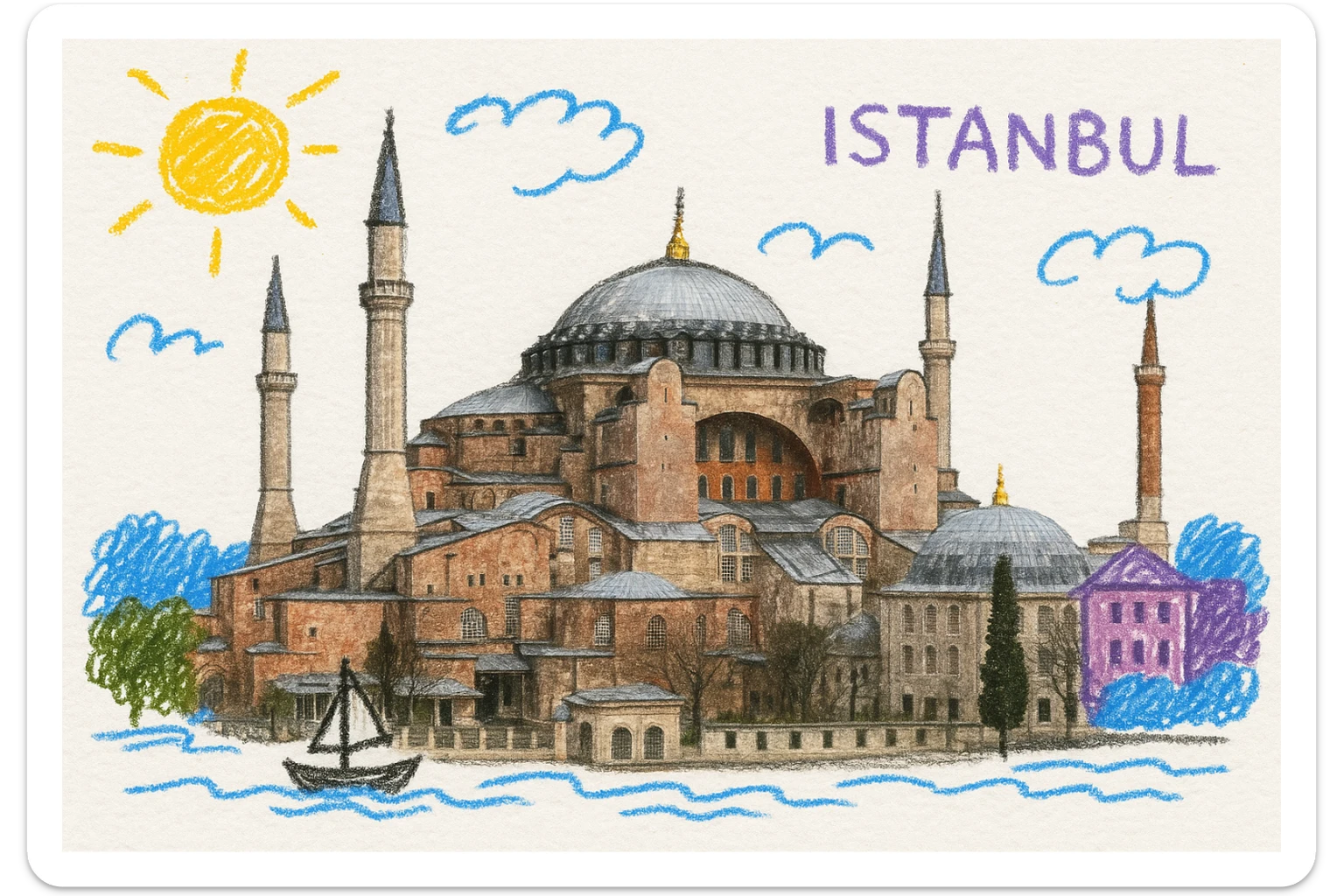 Isometric illustration of Istanbul, featuring real photorealistic Hagia Sophia with ts large central dome and four tall minarets, with real transparent background sticker