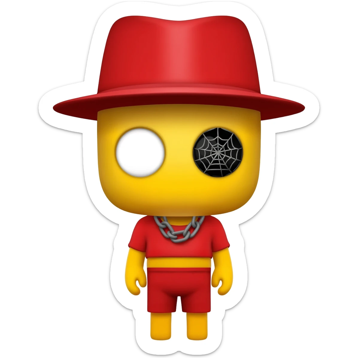 Make a yellow character with a black spider as a eye and a normal eye and a red top and shorts and a grey spider chain and a red hat sticker