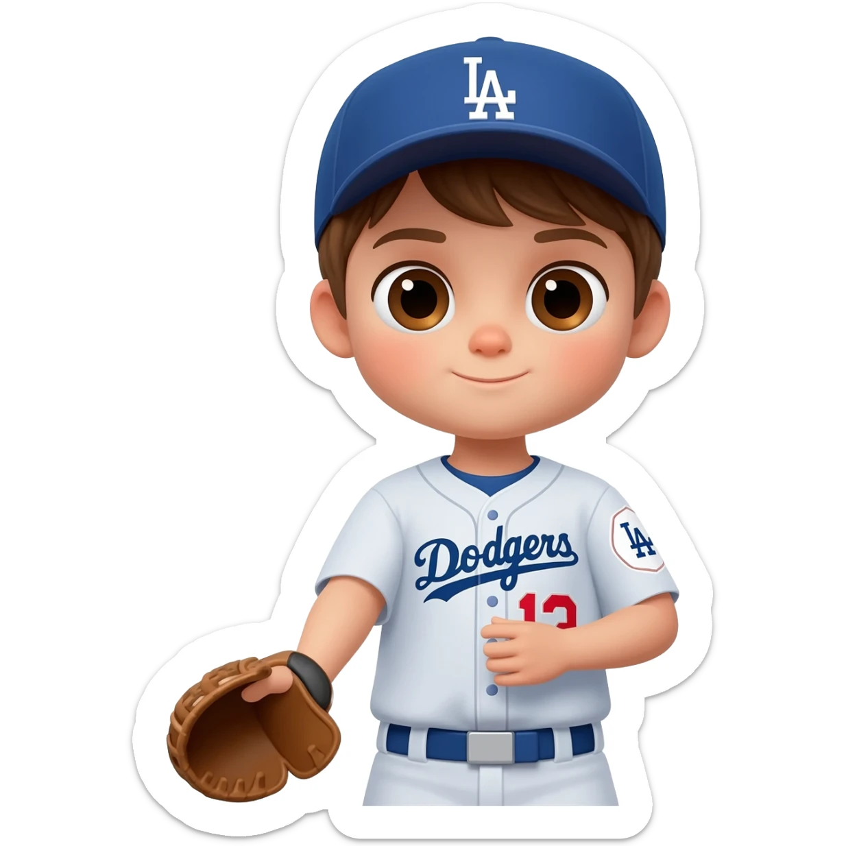 Toddler boy Baseball player wearing a dodgers uniform with brown hair, brown eyes and light skin sticker
