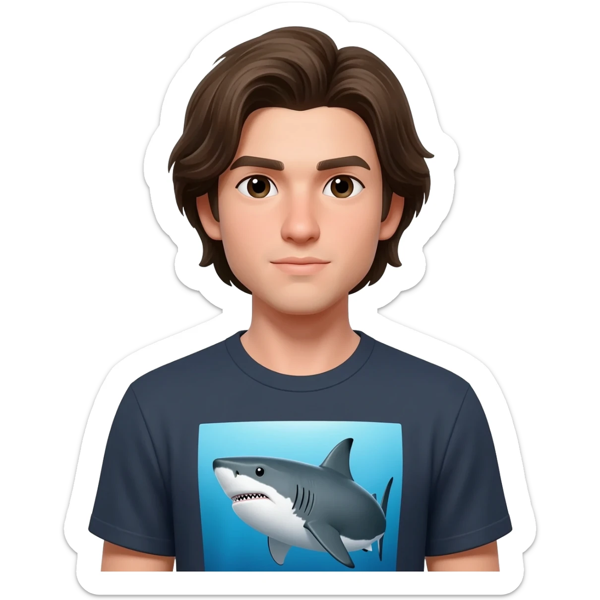 a handsome man with medium length hair wearing a t-shirt with a shark image on it. sticker