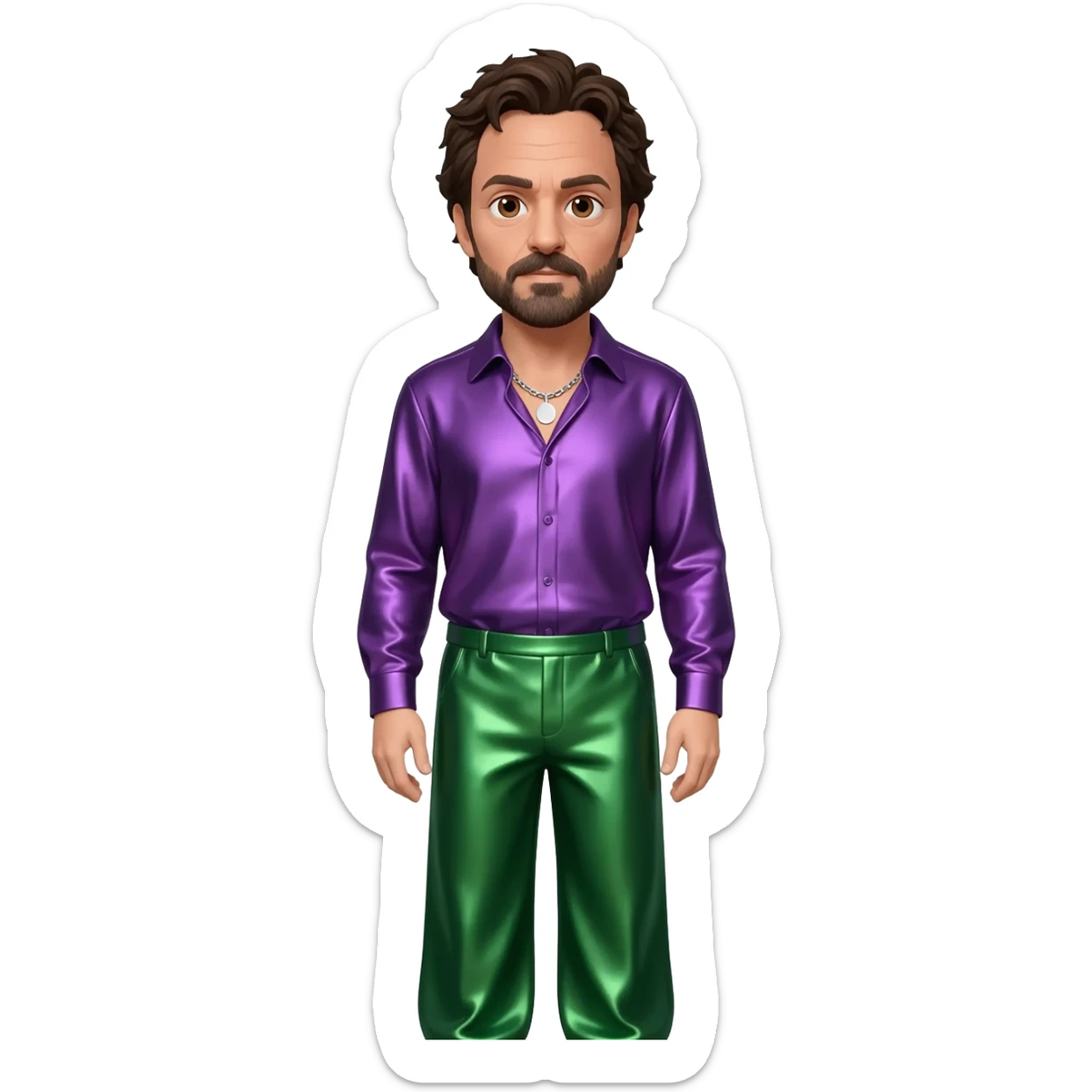 Mark Ruffalo with brown eyes, dark brown hair, purple metallic shirt, green metallic baggy pants, silver necklace sticker