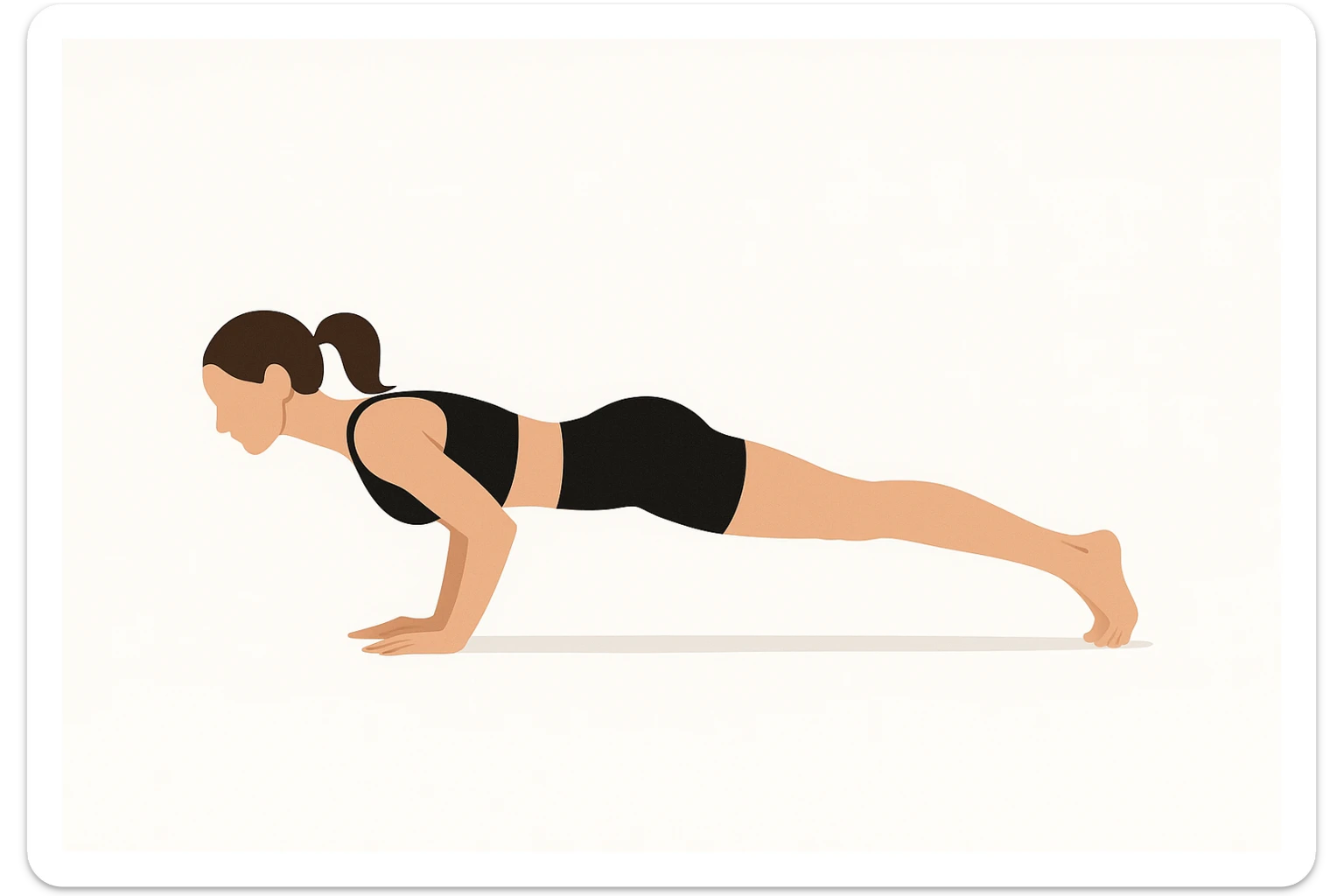 Minimalist flat vector illustration of a woman doing yoga (Four Limbed Staff ), wearing sportswear (black top and black shorts), brown hair pulled back into a ponytail, clean white background, no face details, elegant style sticker