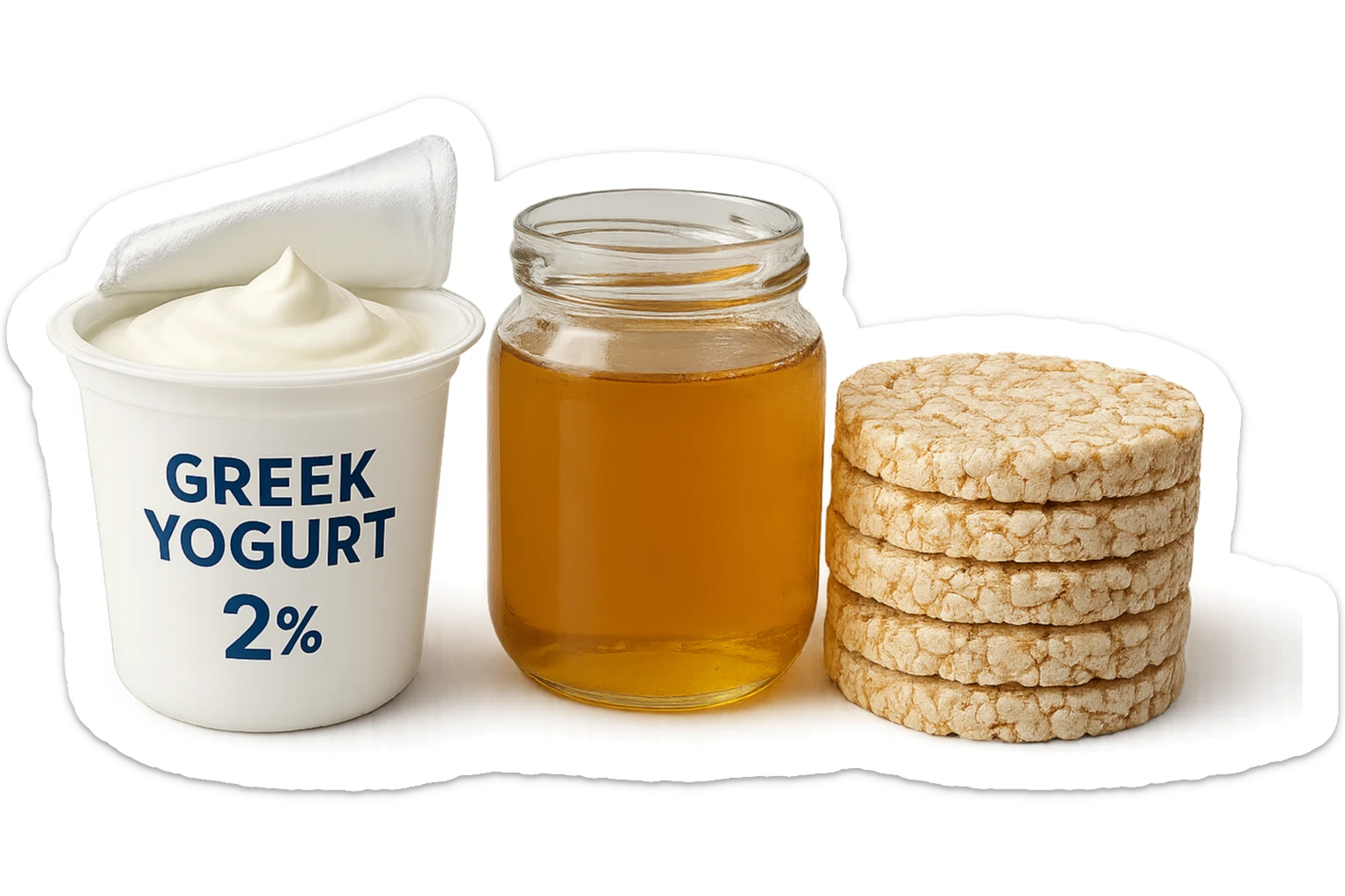 Yogurt Greco 2%
Miele (senza il cucchiaio di legno)
Gallette di Riso
vista frontale, iperrealistico 4k sticker