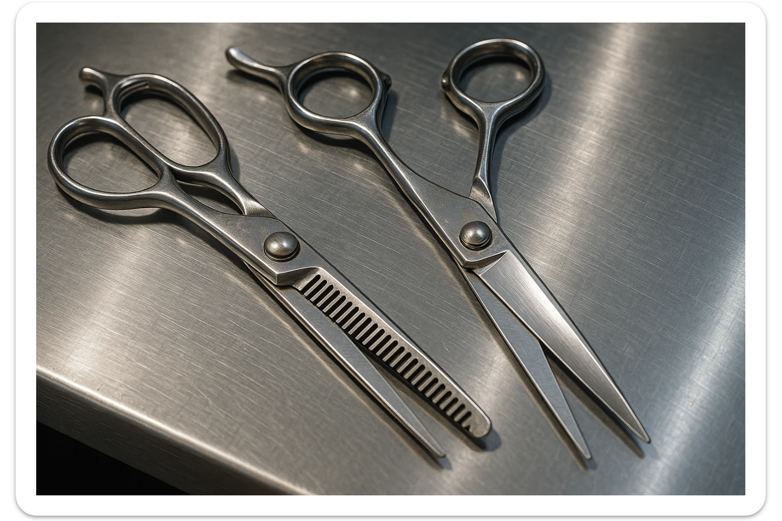 A set of professional barber scissors lies on a stainless steel workbench, gleaming under the bright lights. The blades are sharp and precise, with smooth handles showing signs of frequent use, ready for the next cut sticker