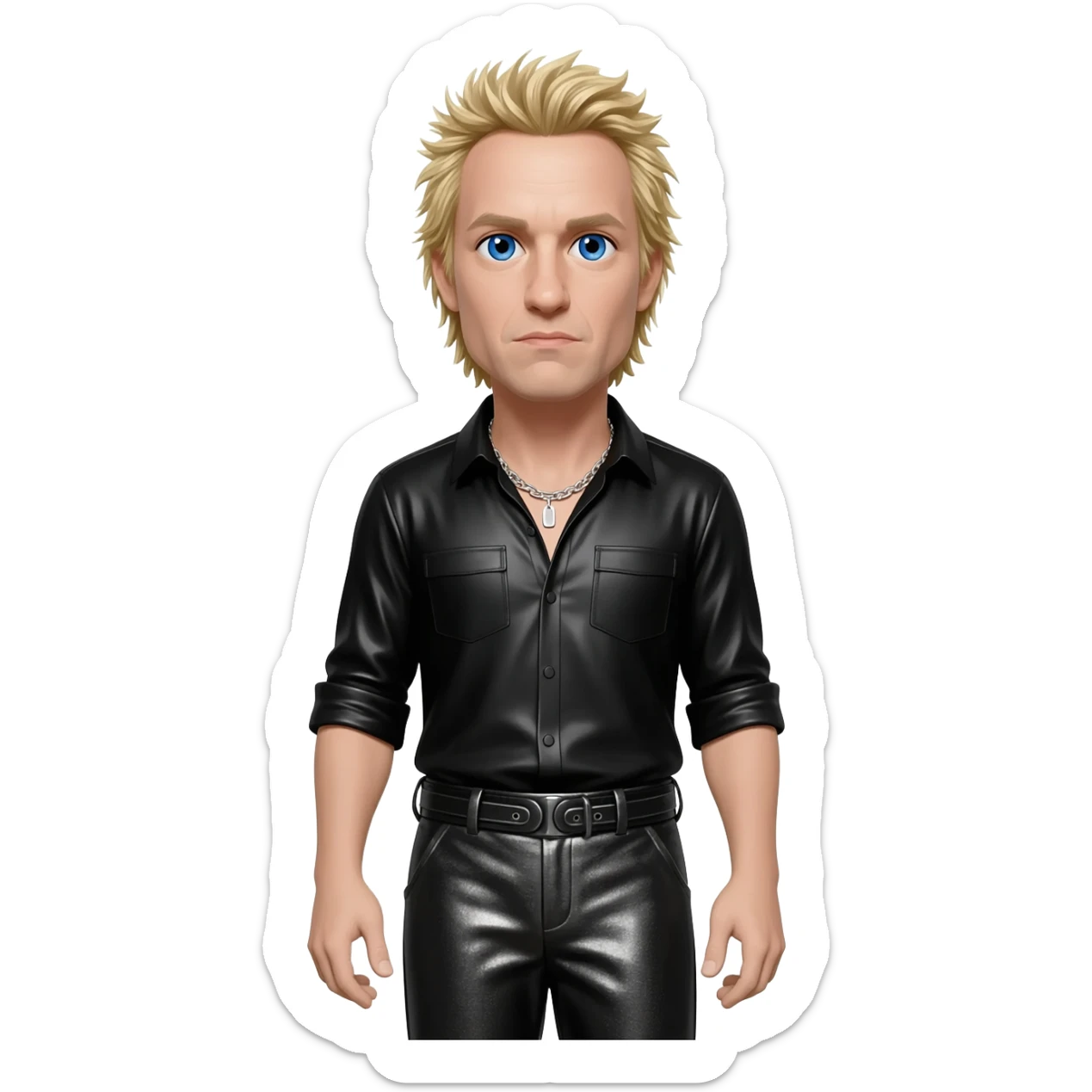 James Hetfield with blue eyes, blonde hair, black metallic shirt, black metallic baggy pants, silver necklace sticker