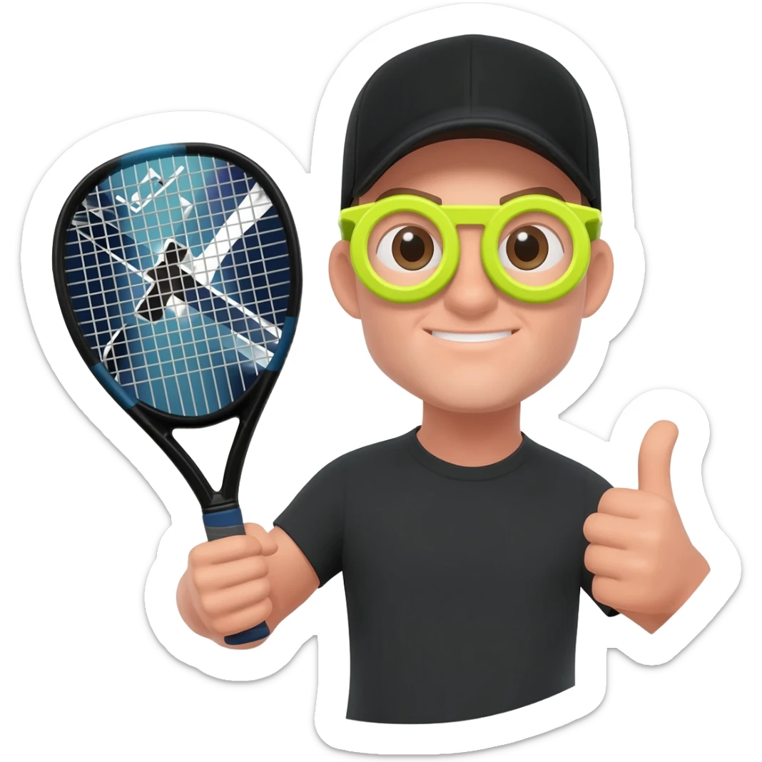 make a circular imogi of man with NOX padel bat with tennis balls as glasses and wearing a cap with black  top make circular with thumbs up sticker