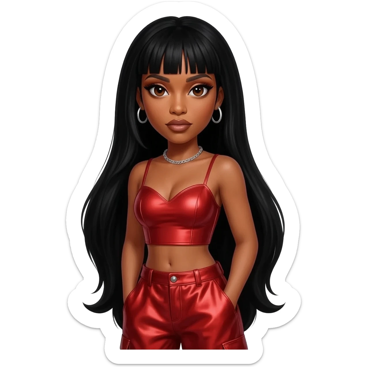 Kelly Rowland with brown eyes, long jet black hair, red metallic sweetheart crop top, red metallic baggy pants, silver necklace sticker