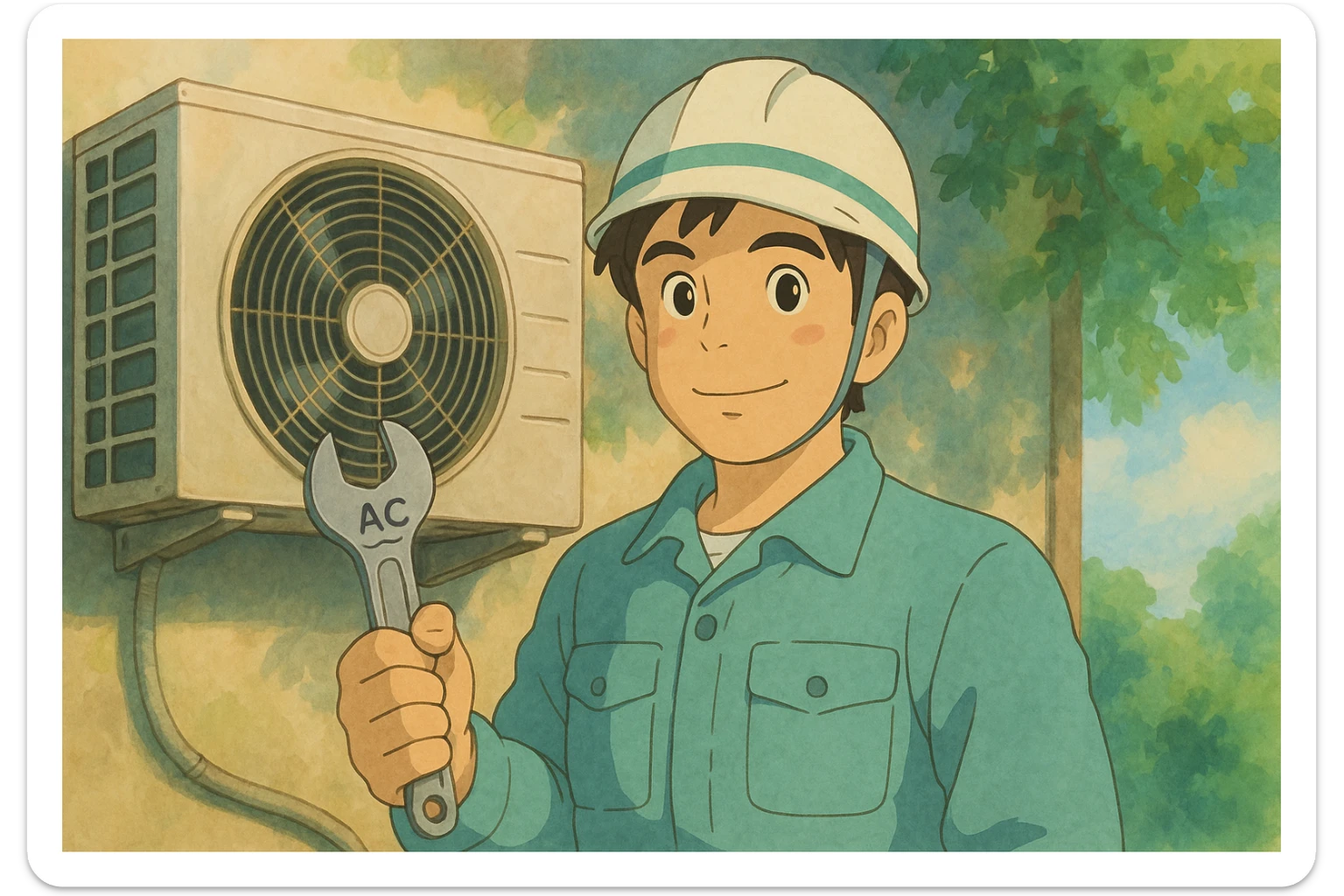 air conditioning technician with wrench and AC symbol, soft colors, ghibli style sticker