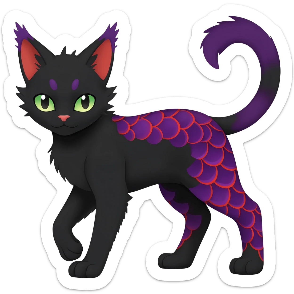 Black edgy Noivern-Noibat-Purloin-Torracat-Lykoi-Caracal-cat-Fakemon-fusion-hybrid-creature with violet and red scale markings sticker