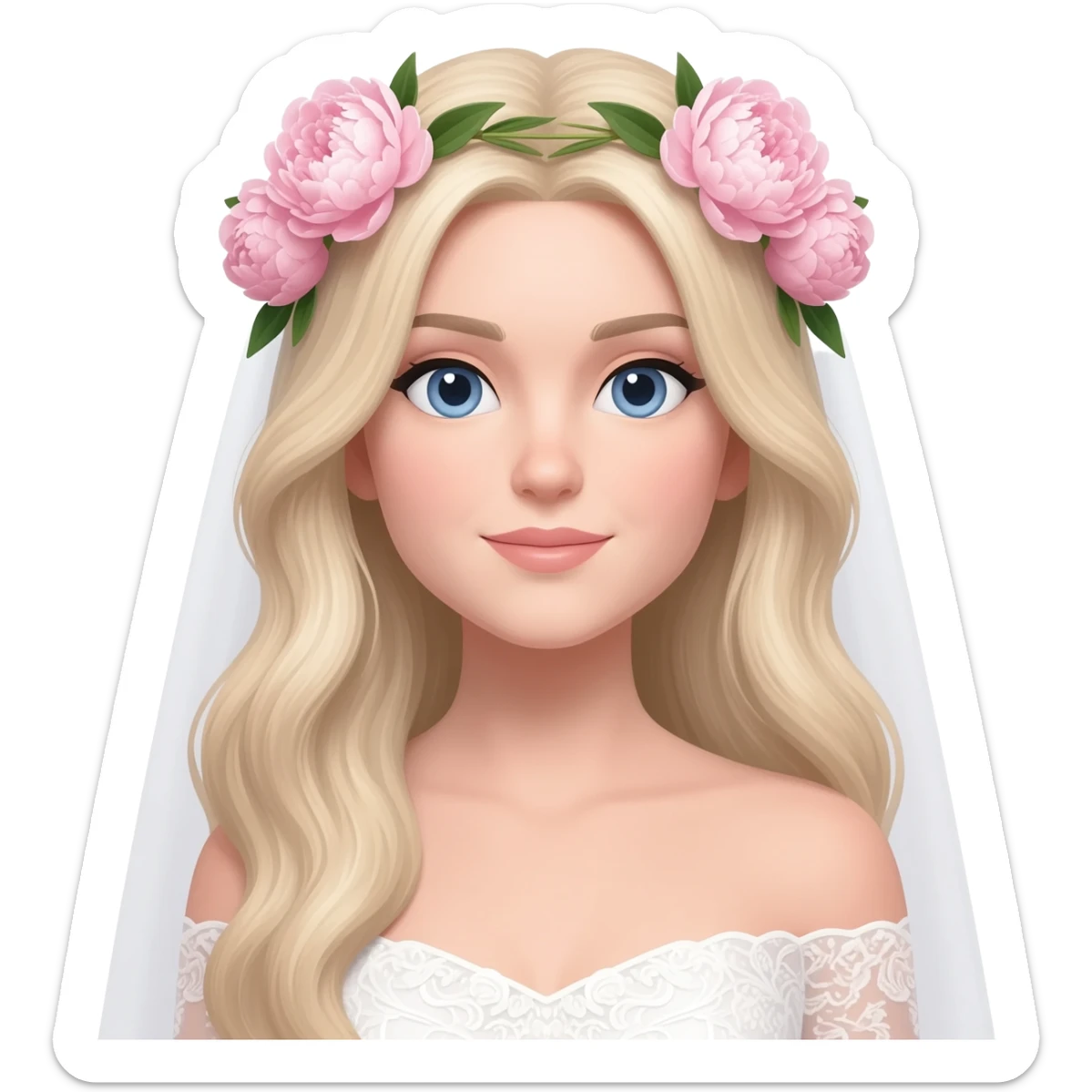 White bride with long light blonde hair and blue eyes with light pink peonies in hair white skin  sticker