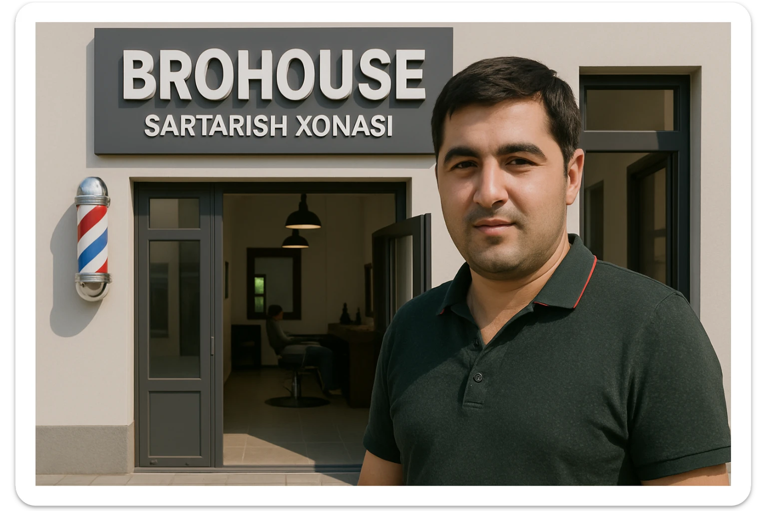 eni shu rasimga manashu odamga uxhshasin sartaosh eshik oldida tursin va tashqarida esa mijoz rasm esa 16 ga 9 bulsin 1920x1080 sticker