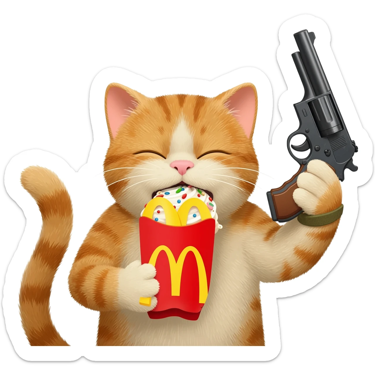 Make an american cat eating mcdonald's desert eagle in hand fighting in world war two sticker