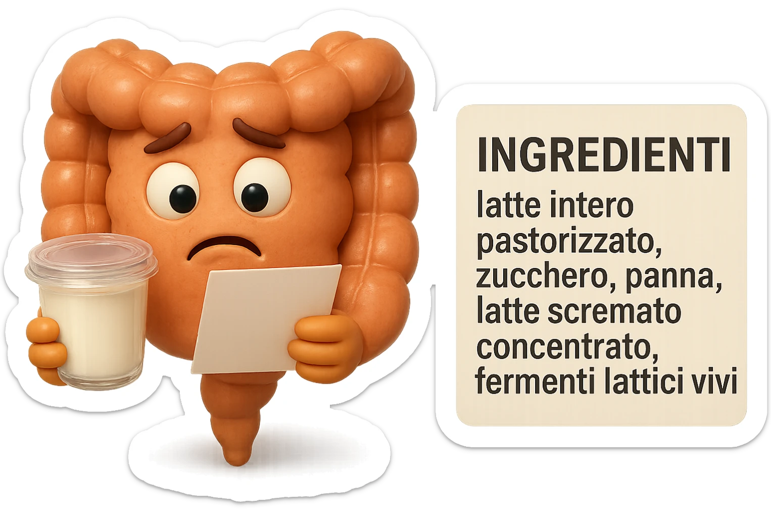 SU QUESTO STILE FAI UN EMOJI STILE IPHONE 3D DI UN INTESTINO CHE HA IN MANO UN BARATTOLO DI YOGURT CONFEZIONATO DA SUPERMERCATO E LEGGE L'ETICHETTA NUTRIZIONALE CON GLI INGREDIENTI IN ITALIANO, ACCANTO ALLO YOGURT CHE HA IN MANO C'è UN FOCUS SULL'ETICHETTA CON GLI INGREDIENTI SCRITTI, FAGLI UN ESPRESSIONE CONFUSA MENTRE LEGGE E FALLO MOLTO REALISTICO IN 3D sticker