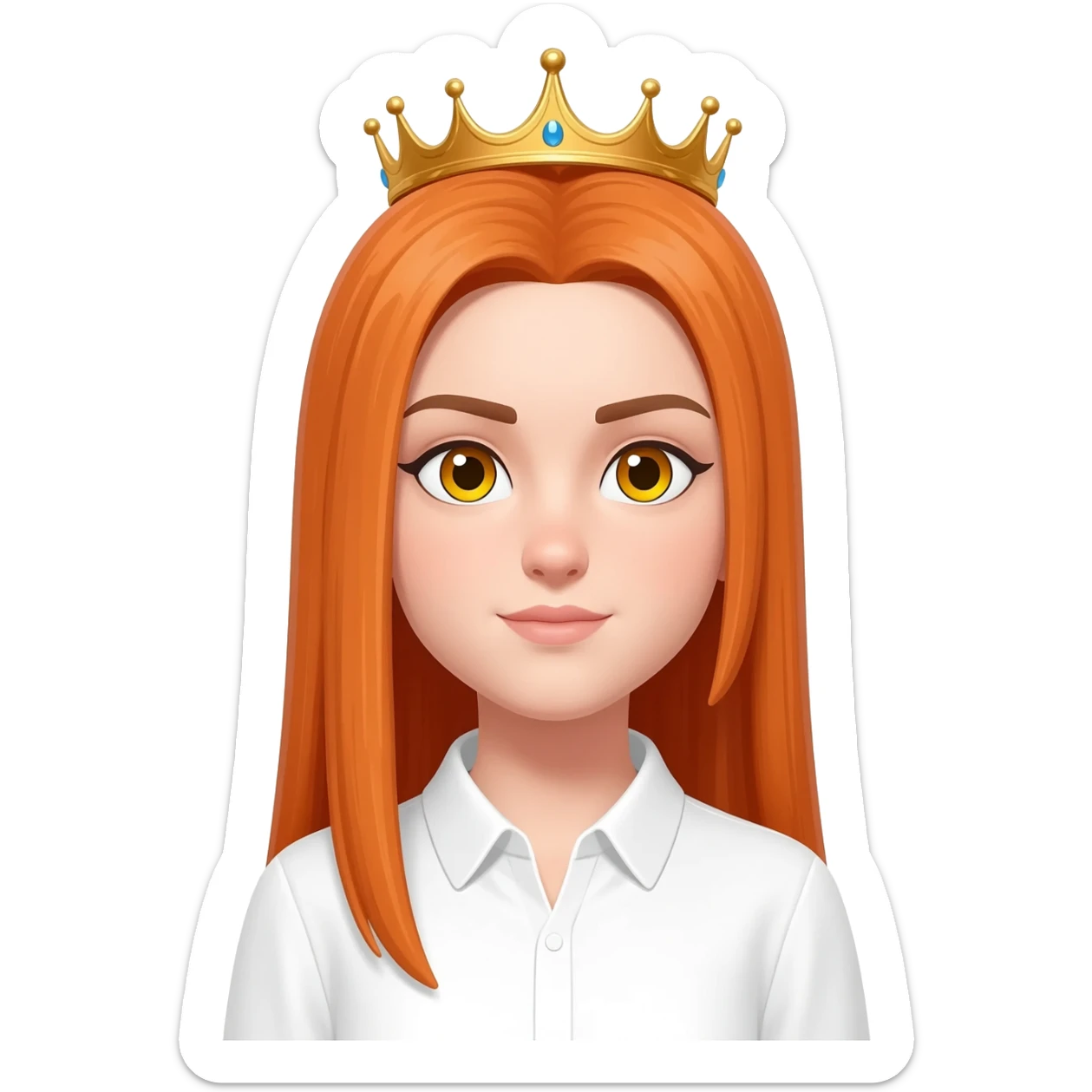 White girl with orange long straight hair and yellow eyes with a crown on her head and a white shirt on brown eyebrows and her hair to the side not on her forehead sticker