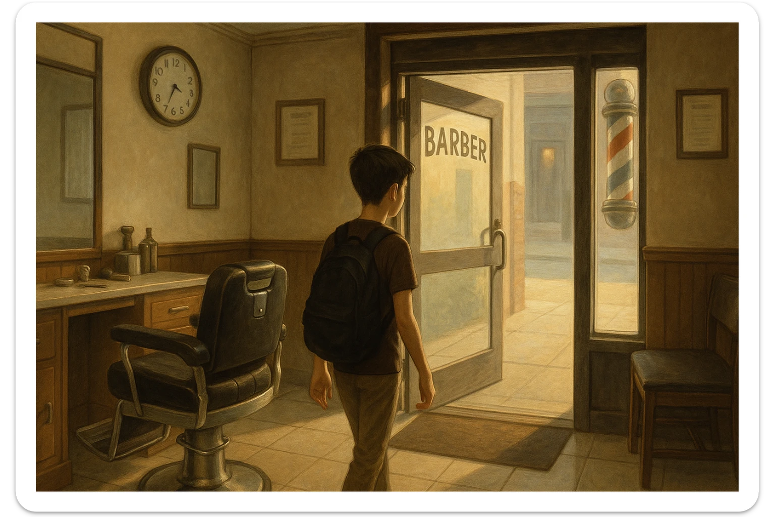 Shu odamni sartaroshxonaga kirib kelayapti  o'smirin davri rakurs ichkaridan sartaroshxona eski ham yangi ham emas bolani juda semiz qilib yuborma  u ozg'inroq bo'lsin huddi sartaroshxonani  hammadan oldin kelib ochsin sticker