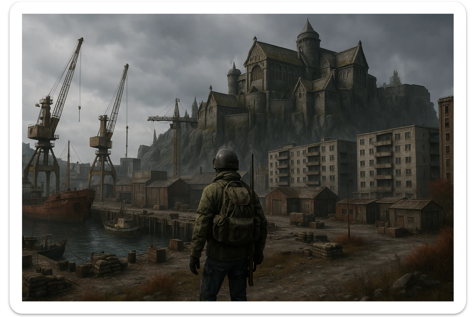 a screenshot of the game DayZ videogame, the city of "solitude" as seen in skyrim, modern evolution, industrial harbor at apartment blocks sticker