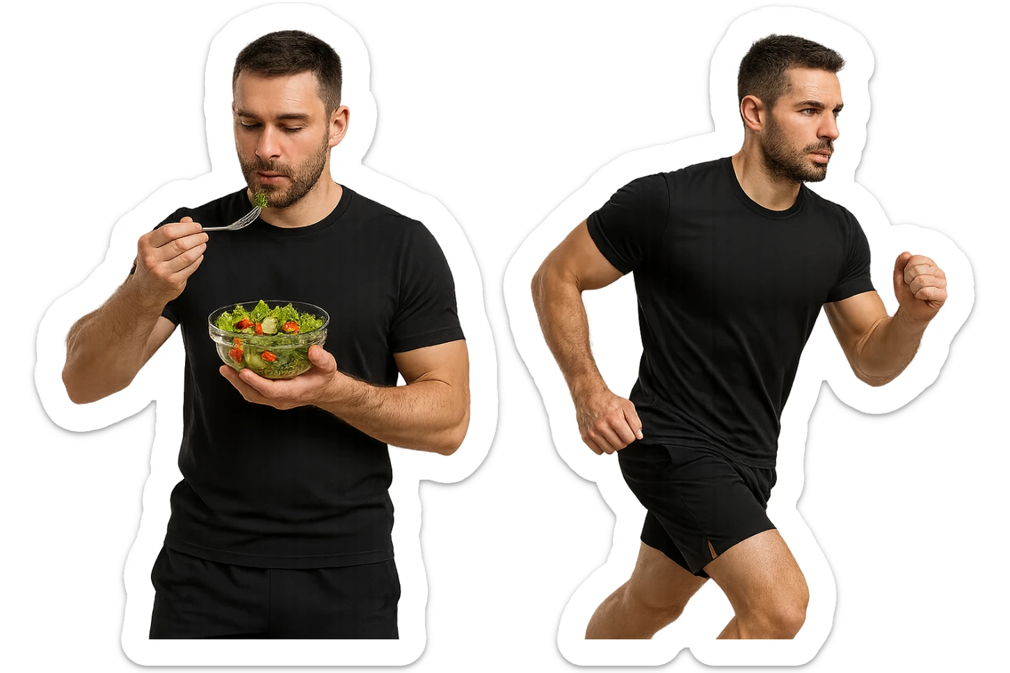 uomo fitness che mangia insalata accanto a uomo identico esteticamente che corre, iperrealistici 4k sticker