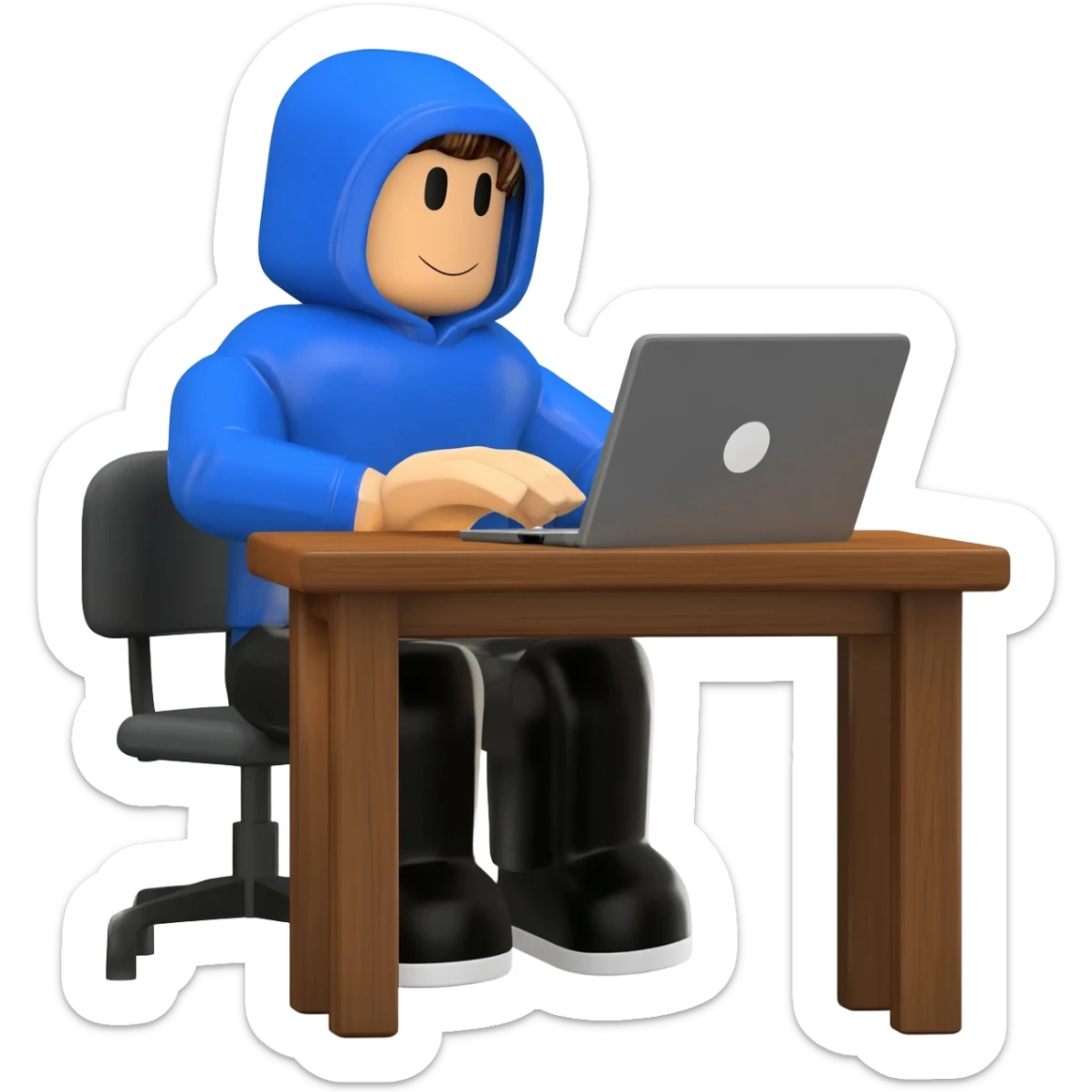 Genera un personaje de roblox de cuerpo completo sentado en un escritorio con una computadora sticker