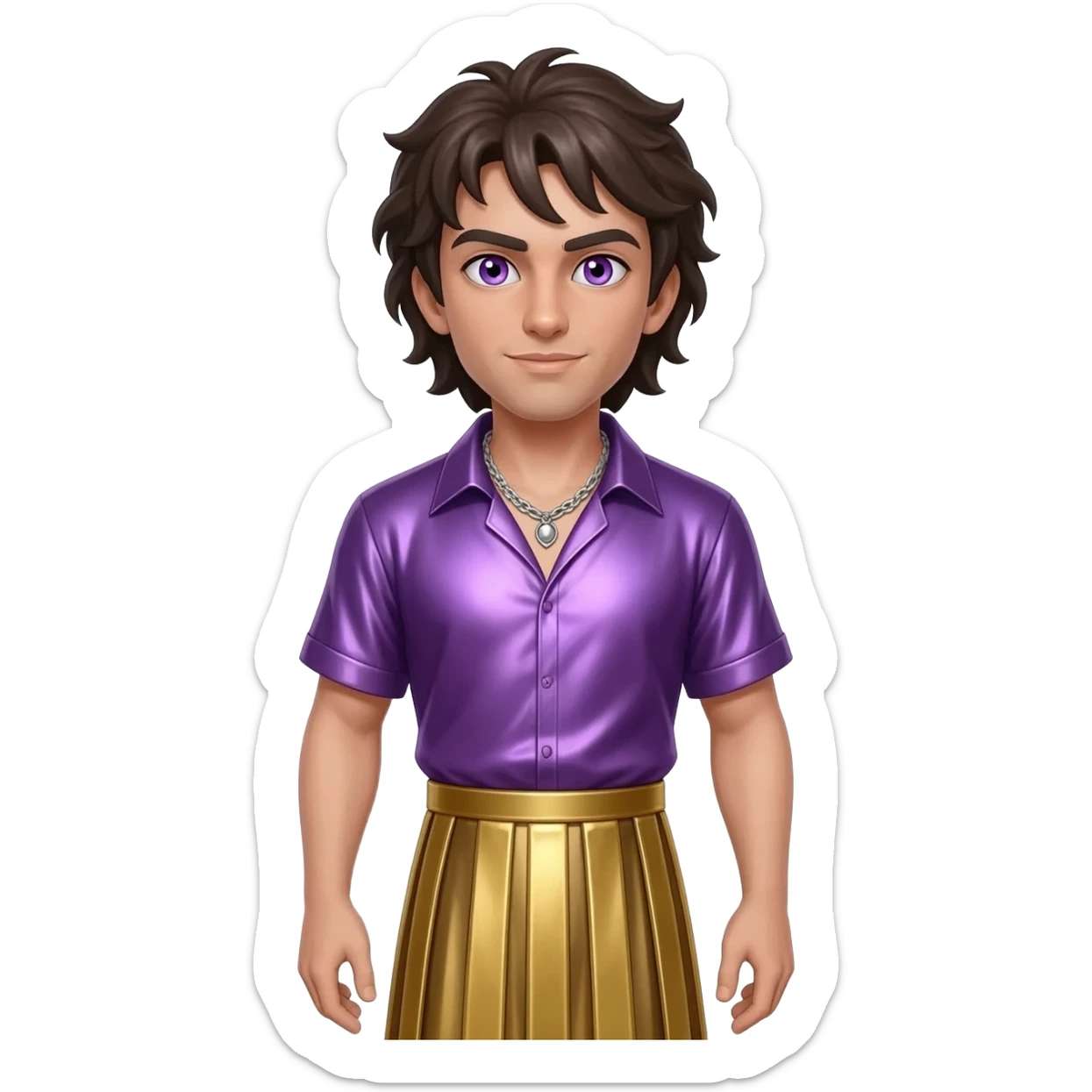 Dionysus from Greek Mythology with purple eyes, dark brown hair, purple metallic shirt, gold metallic long skirt, silver necklace sticker