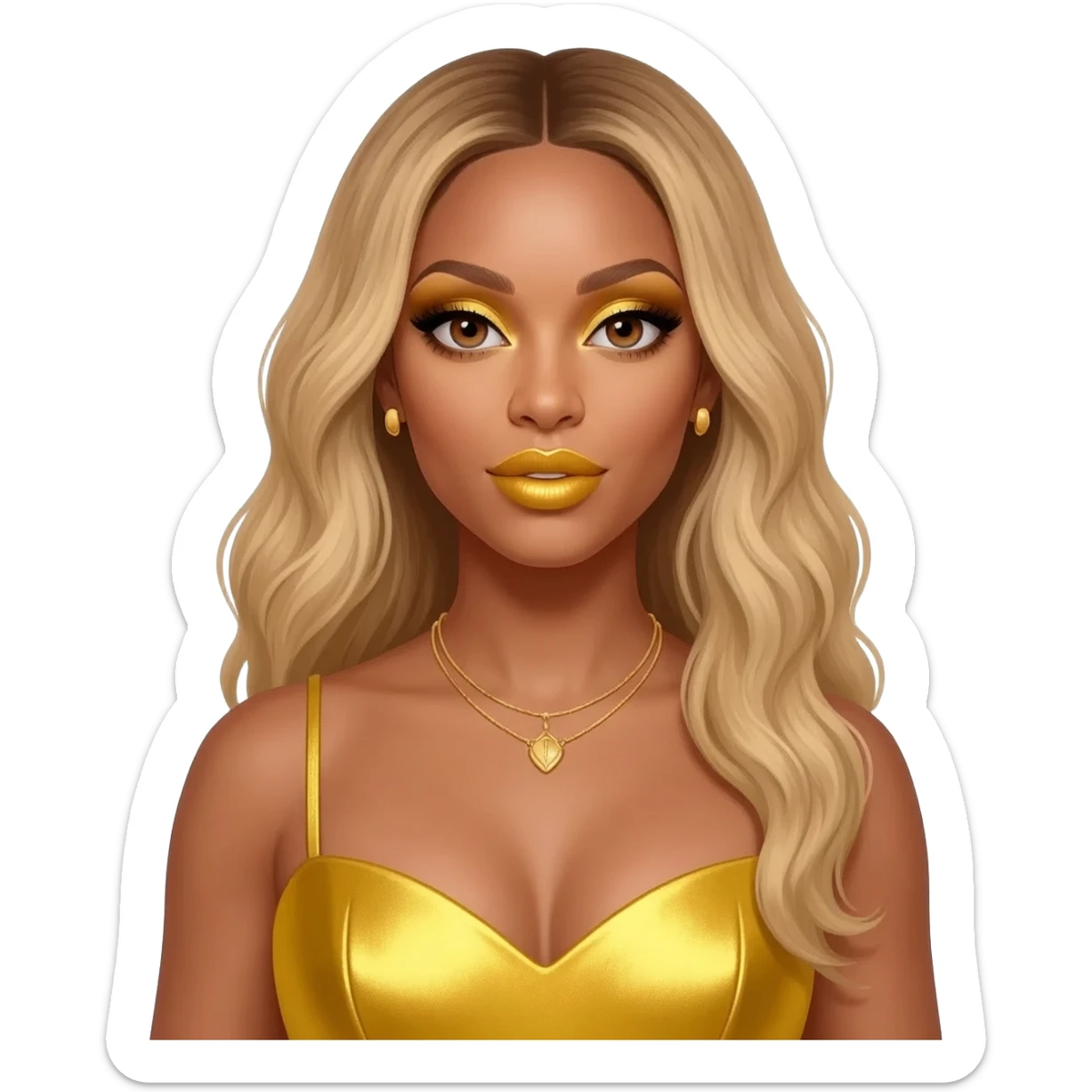 Beyonce with hazel brown eyes, long blonde hair, gold eyeshadow, gold lipstick, yellow metallic sweetheart dress, gold necklace and earrings sticker